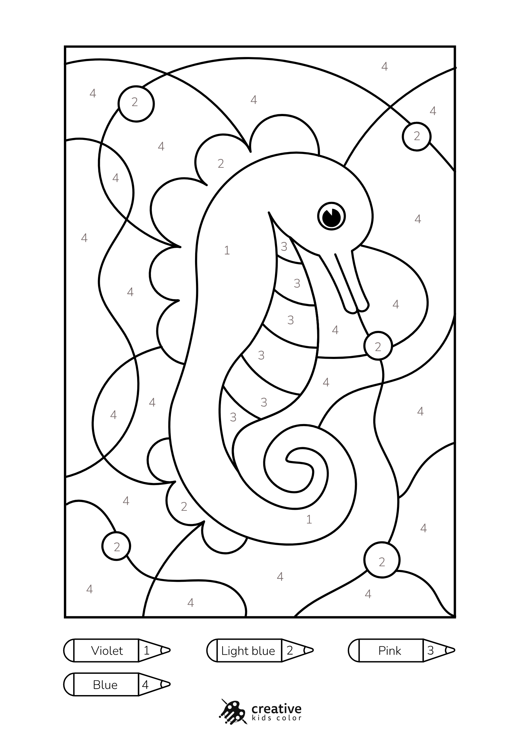 Sea Horse Color By Number Coloring Page With Fun Details To Color In.