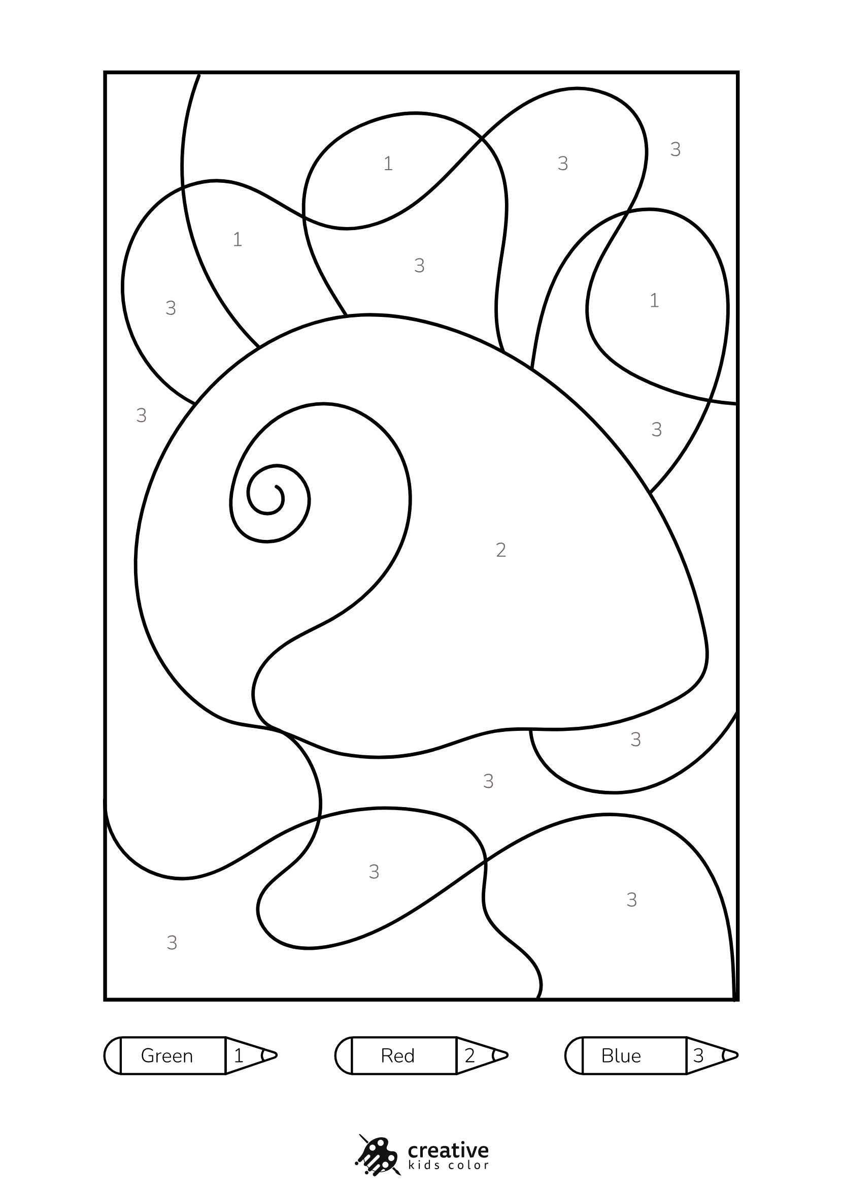 Sea Shell Color By Number Coloring Page With A Conical Shell Placed On A Soft Sandy Base, Perfect For Beach Themes.