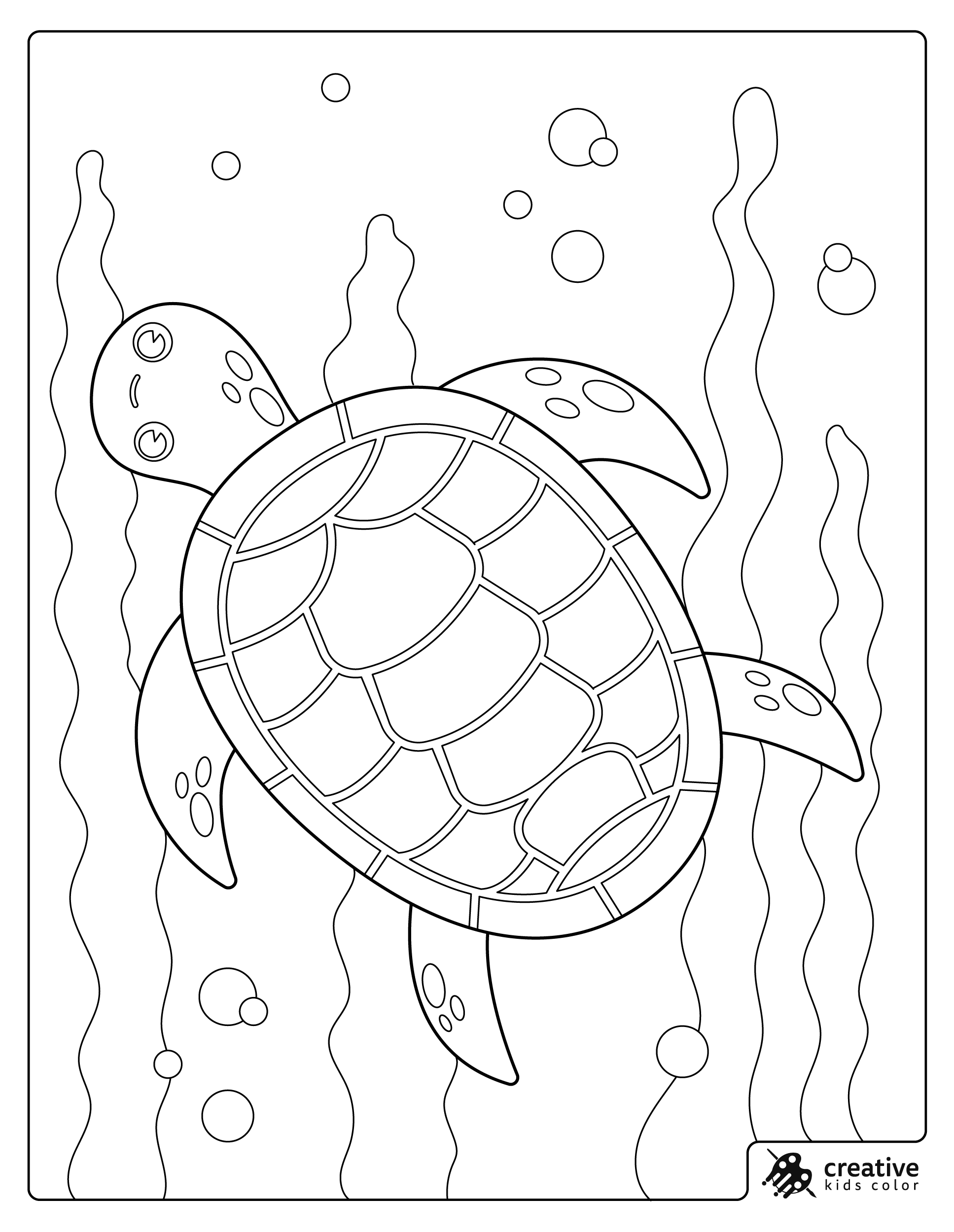 Turtle Coloring Page Showing A Sea Turtle Swimming Peacefully Among Bubbles And Sea Plants.
