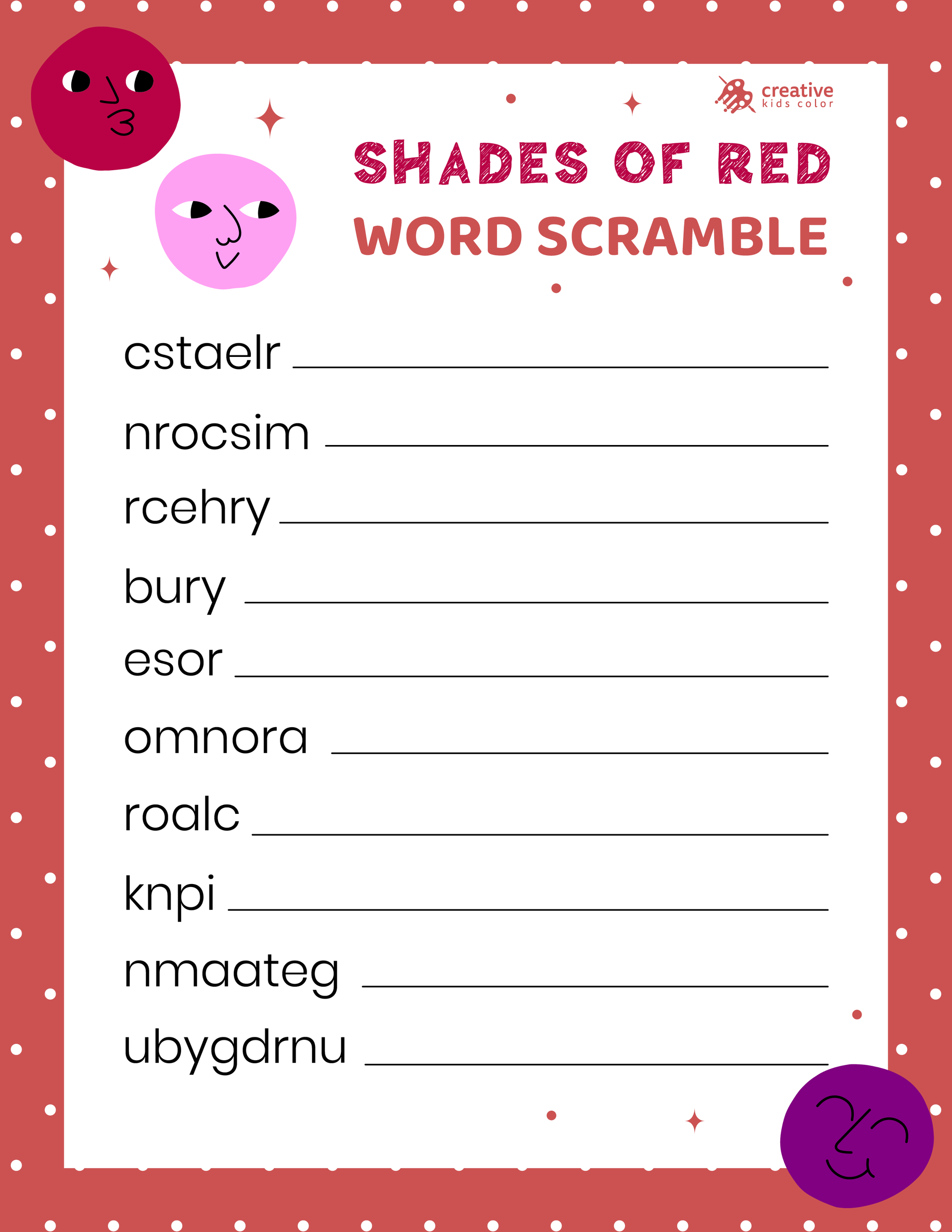 Free printable Shades of Red Word Scramble for those exploring color variations.