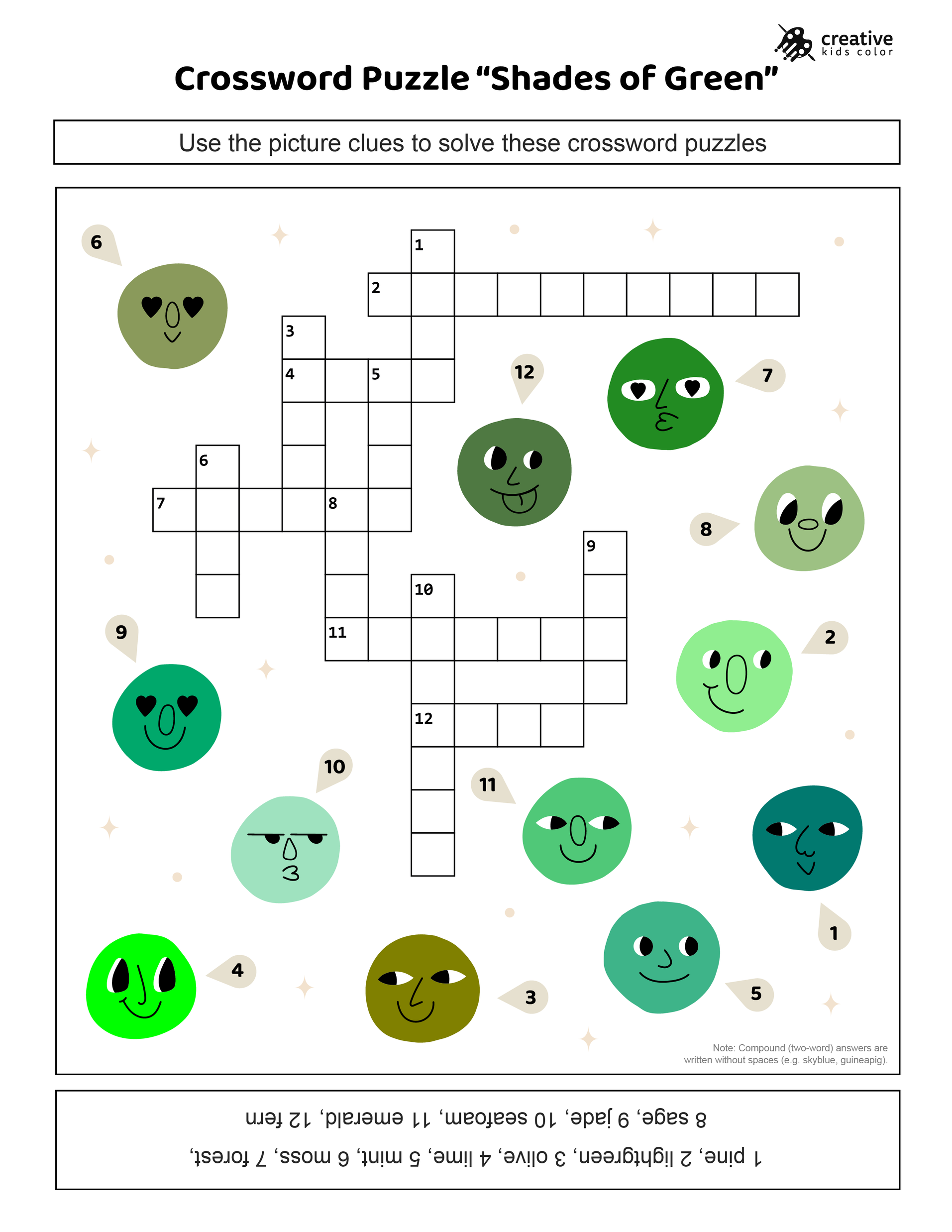 Free printable shades of green crossword puzzle for students.