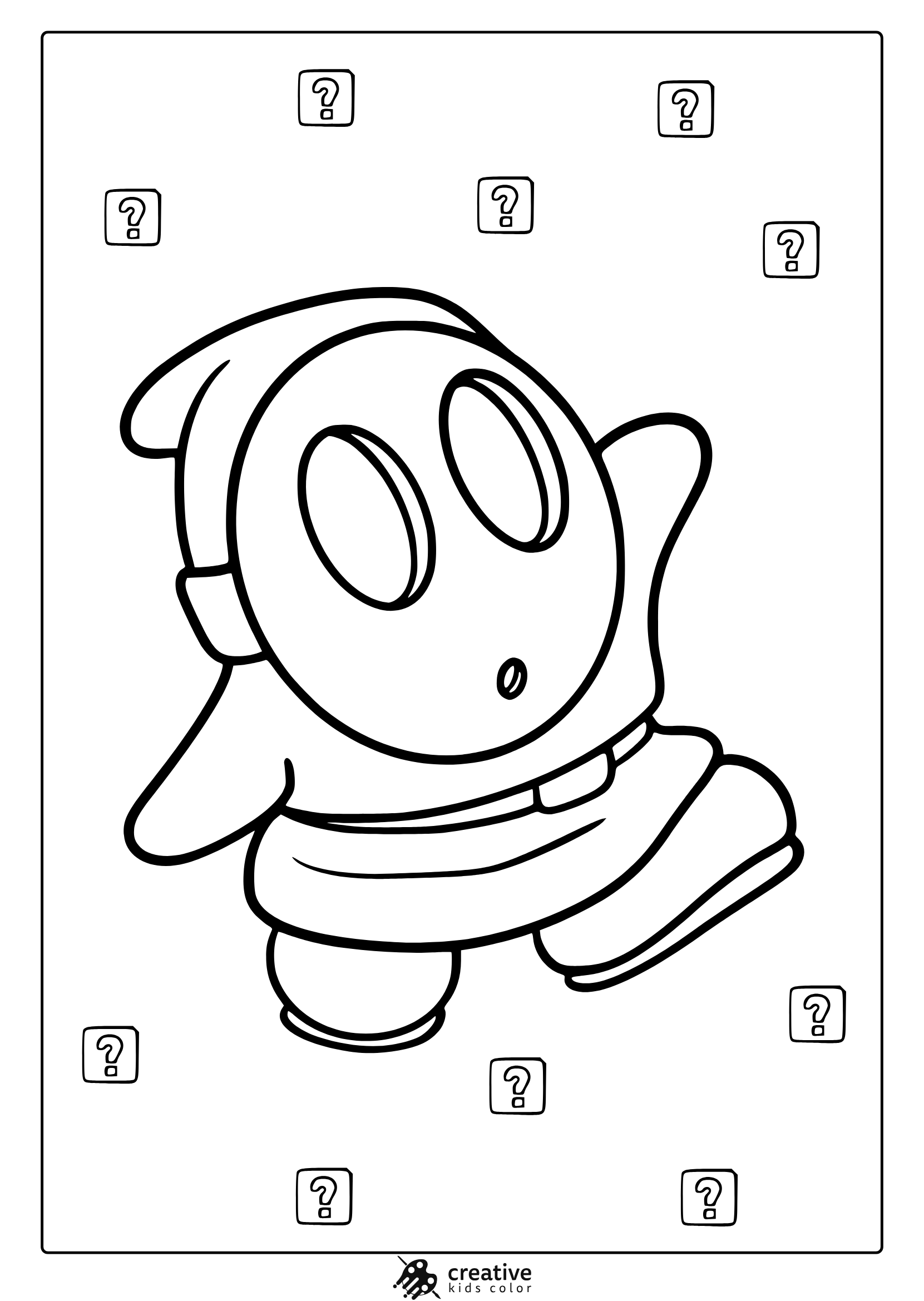 Coloring Page Featuring Shy Guy With Gas Mask And Surrounding Question Boxes.