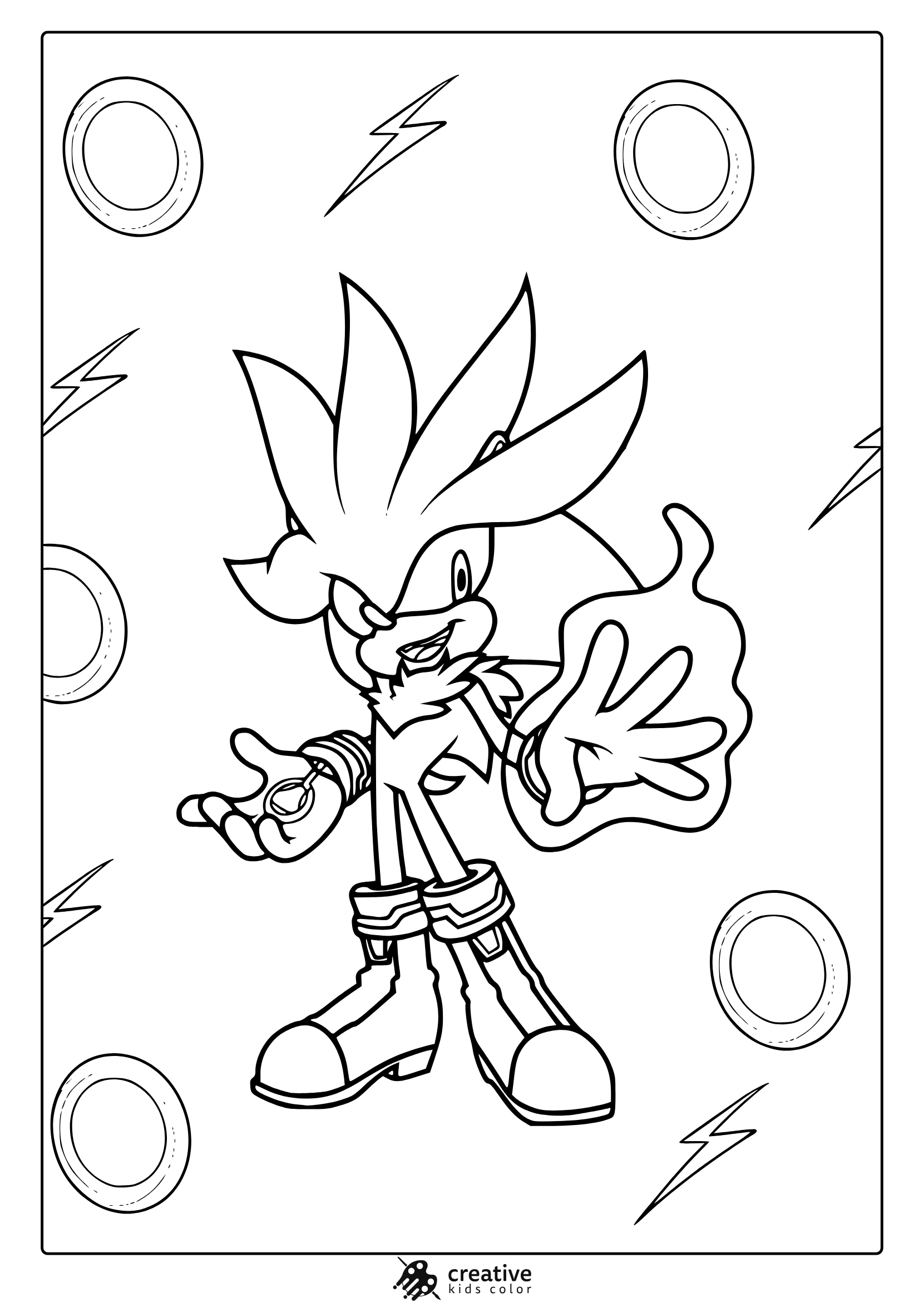Coloring Page With Silver The Hedgehog In Action Pose With Glowing Orb And Symbols.