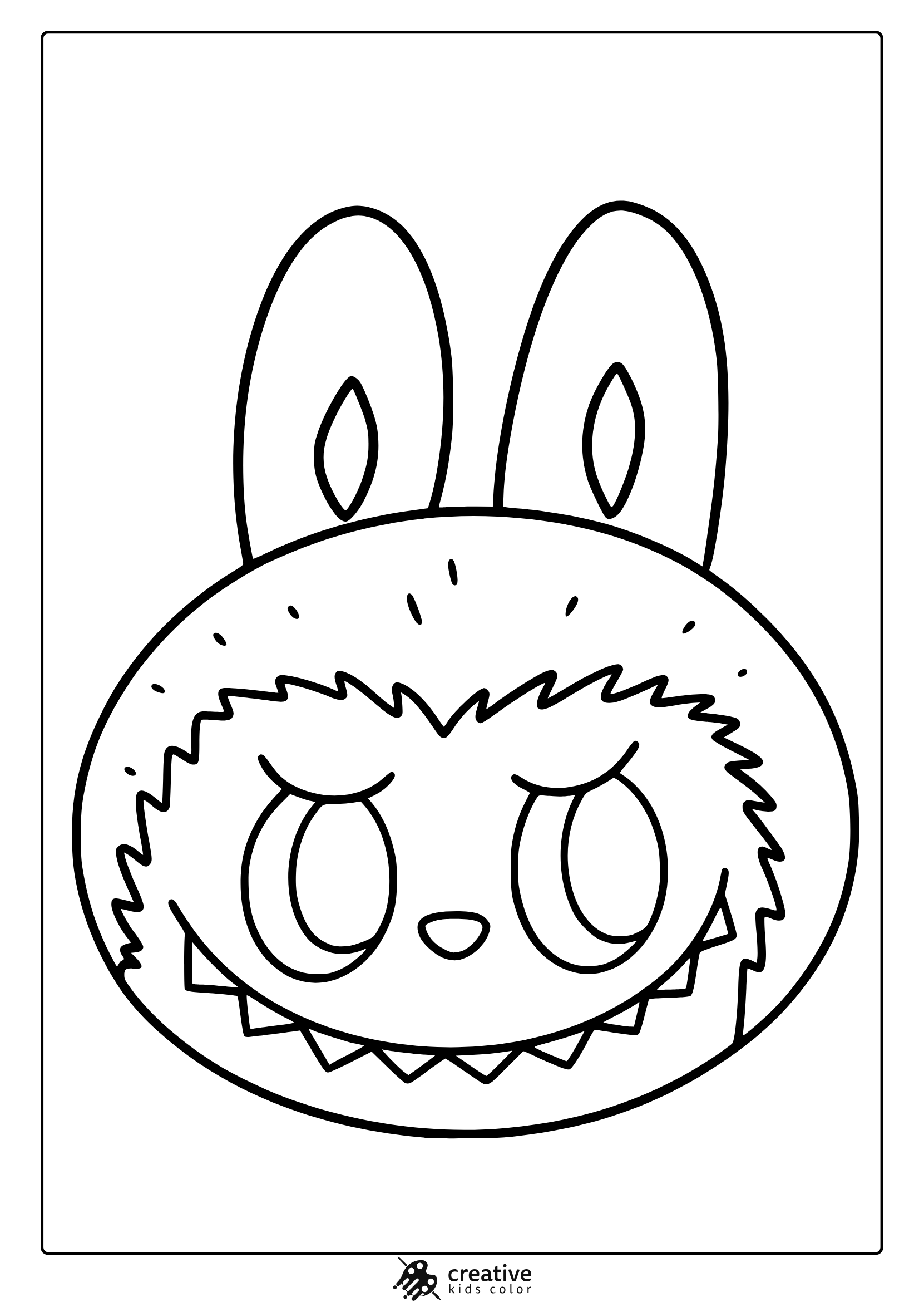 Close-Up Of Labubu’s Round Face With Bunny Ears And A Wide Smile In A Simple Coloring Page.