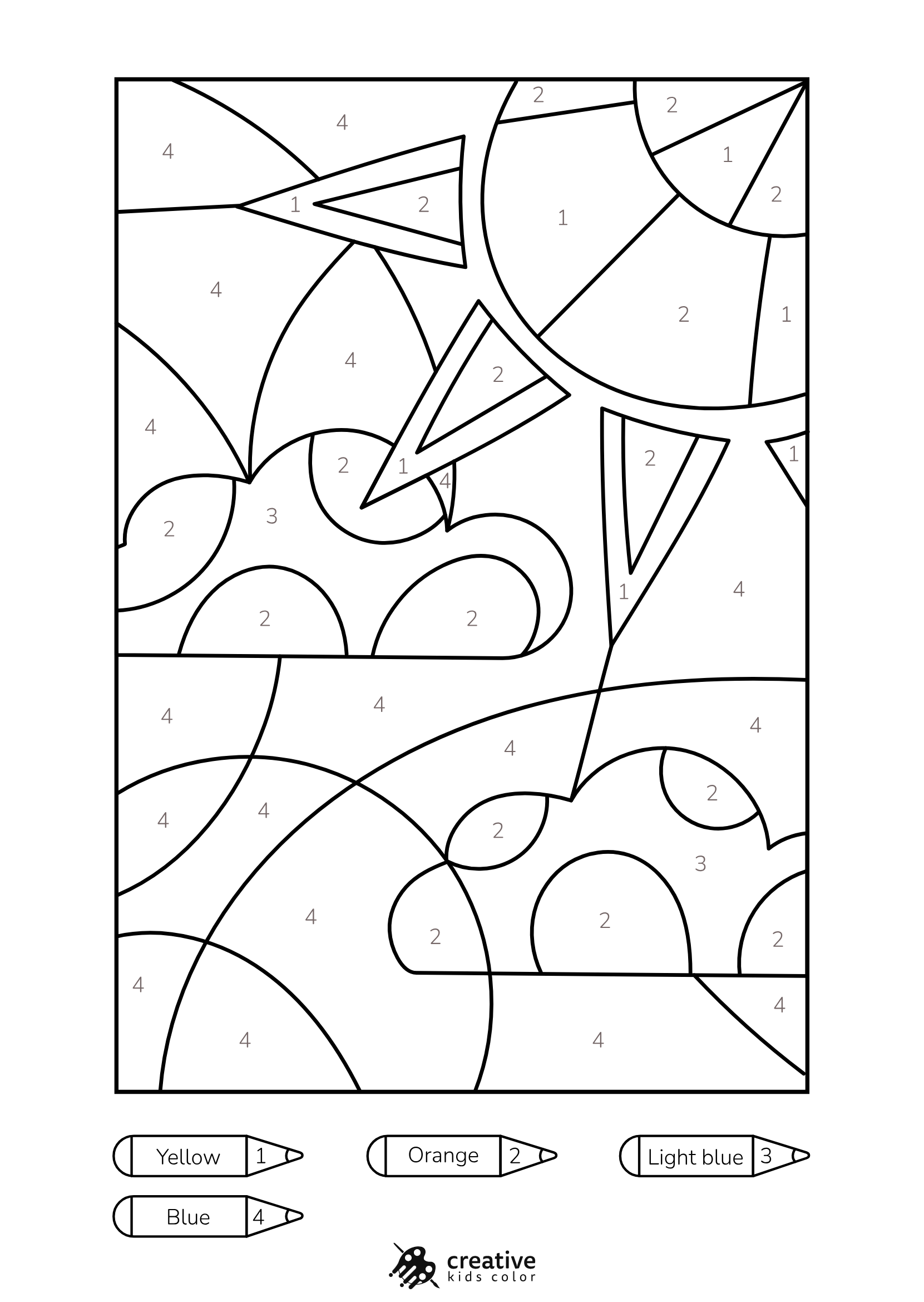 Sky Color By Number Coloring Page With A Bright Sun, Fluffy Clouds, And An Open Sky Ready For Blue And Yellow Shades.