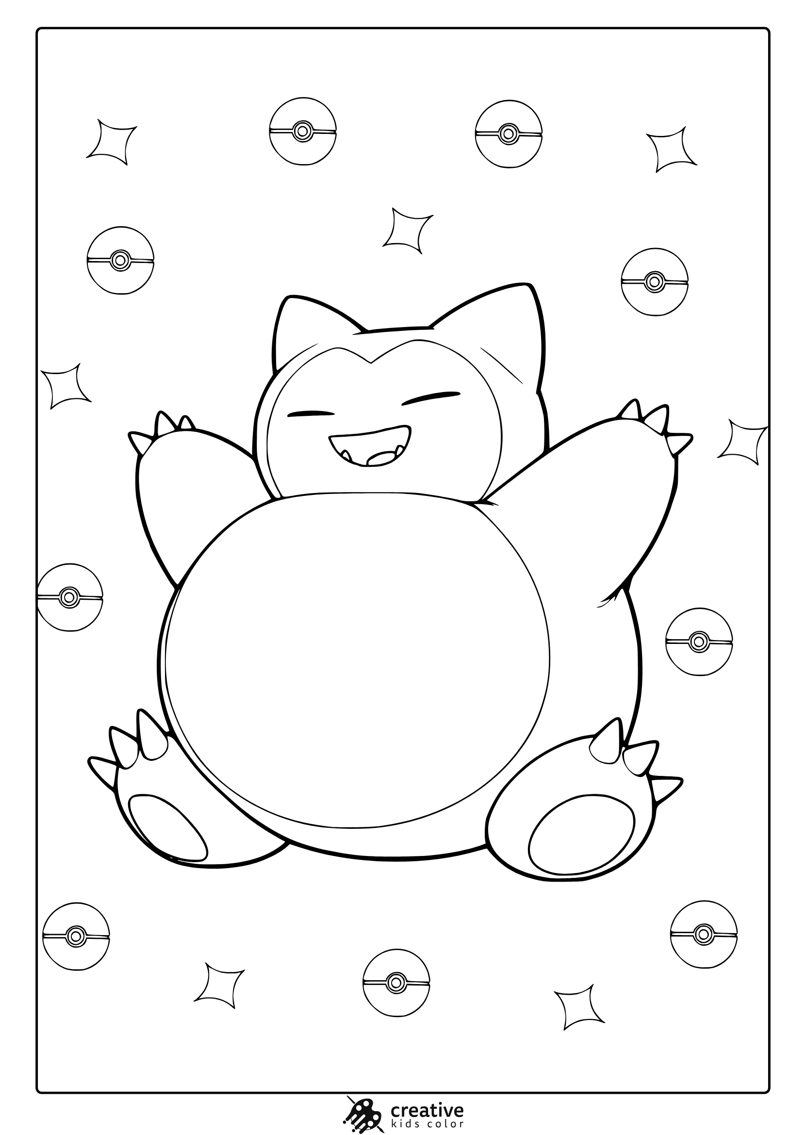 Snorlax Sitting With Poké Ball Symbols And Sparkles On A Cheerful Pokémon Coloring Page.
