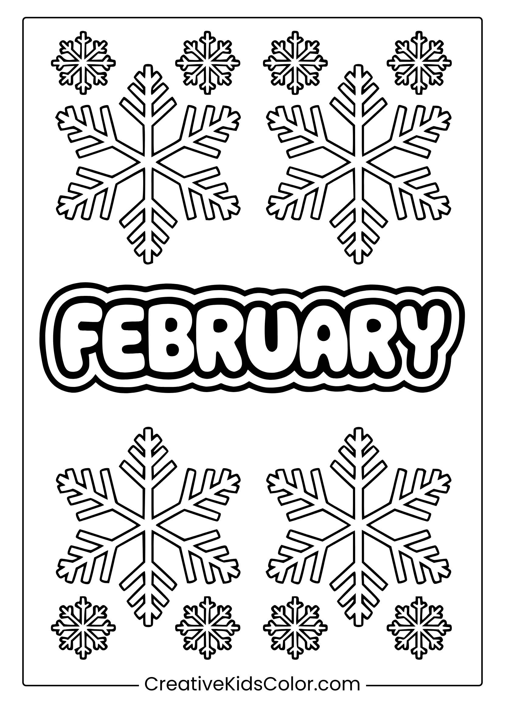 A Beautiful Snowflake Coloring Page With Intricate Designs And 'February' As The Focus.