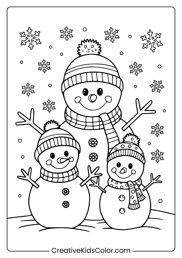 Snowman family coloring page with three cheerful snowmen and falling snowflakes in a fun winter scene.