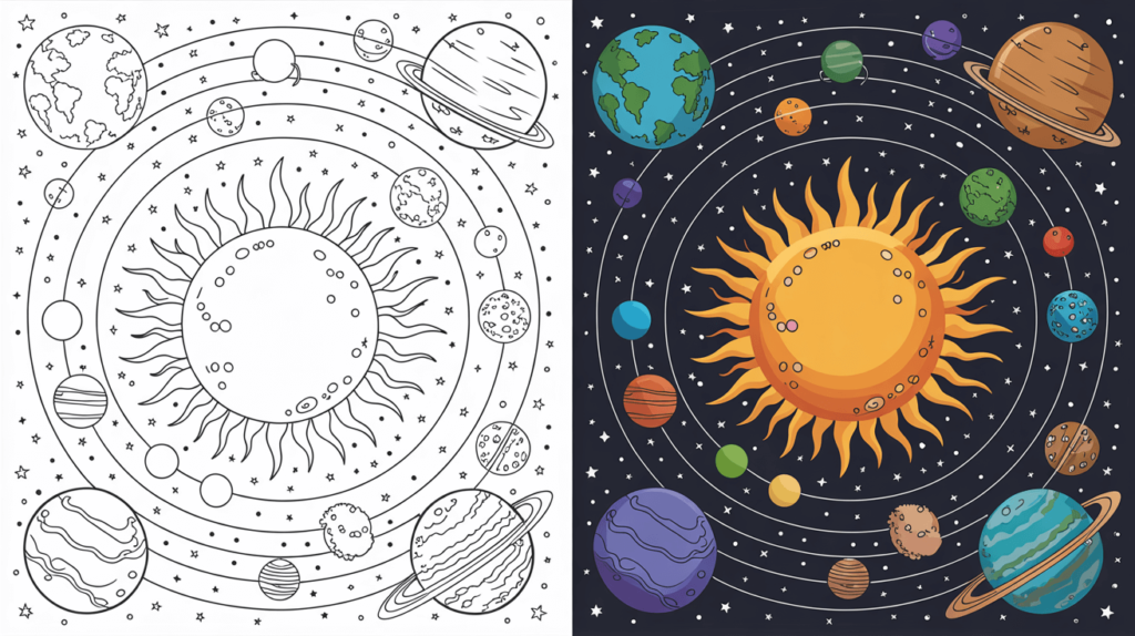 Solar System Coloring Page Cover, Left Side Black And White, Right Side Colored In A Fun, Engaging Scene.