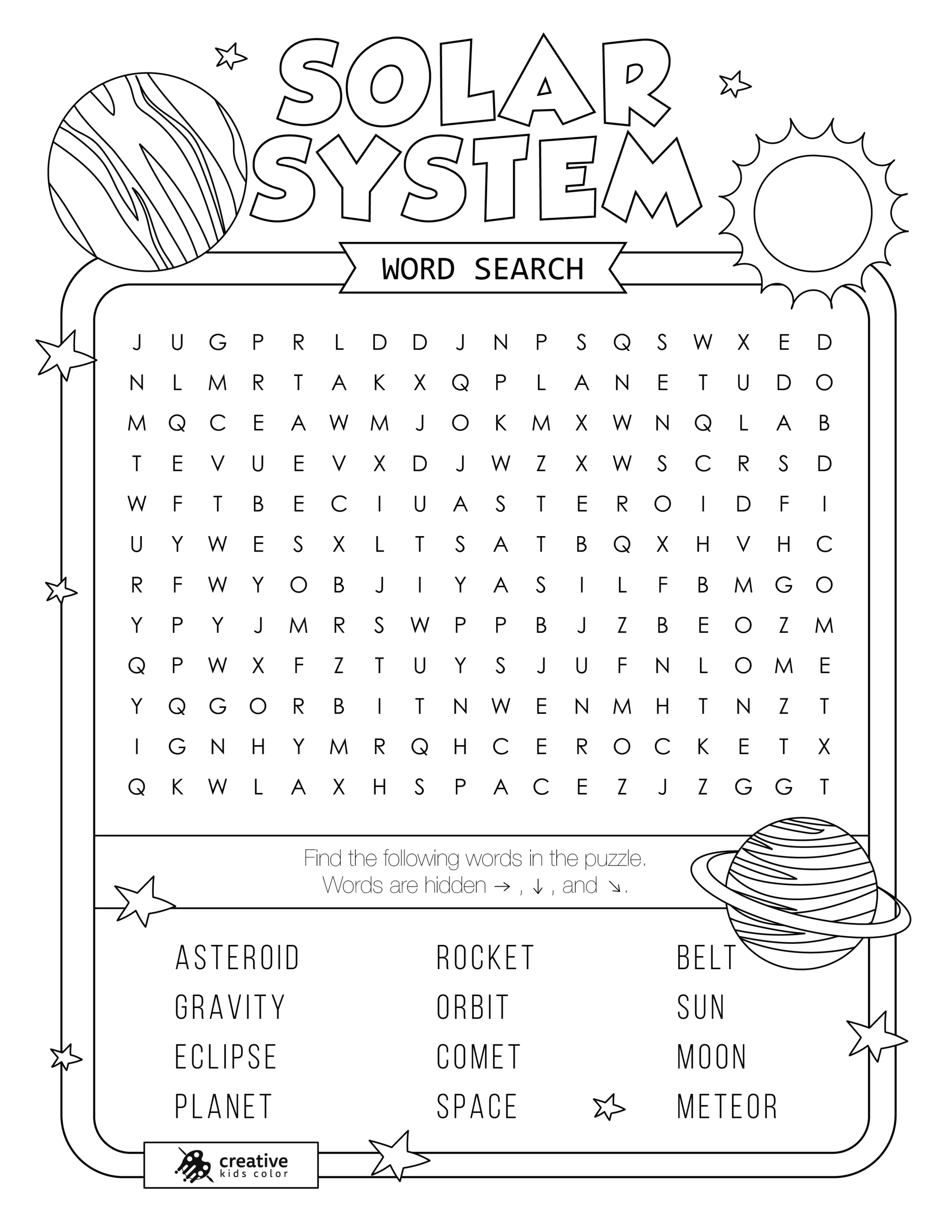 Free printable Solar System word search puzzle with 12 words from sun to moon.