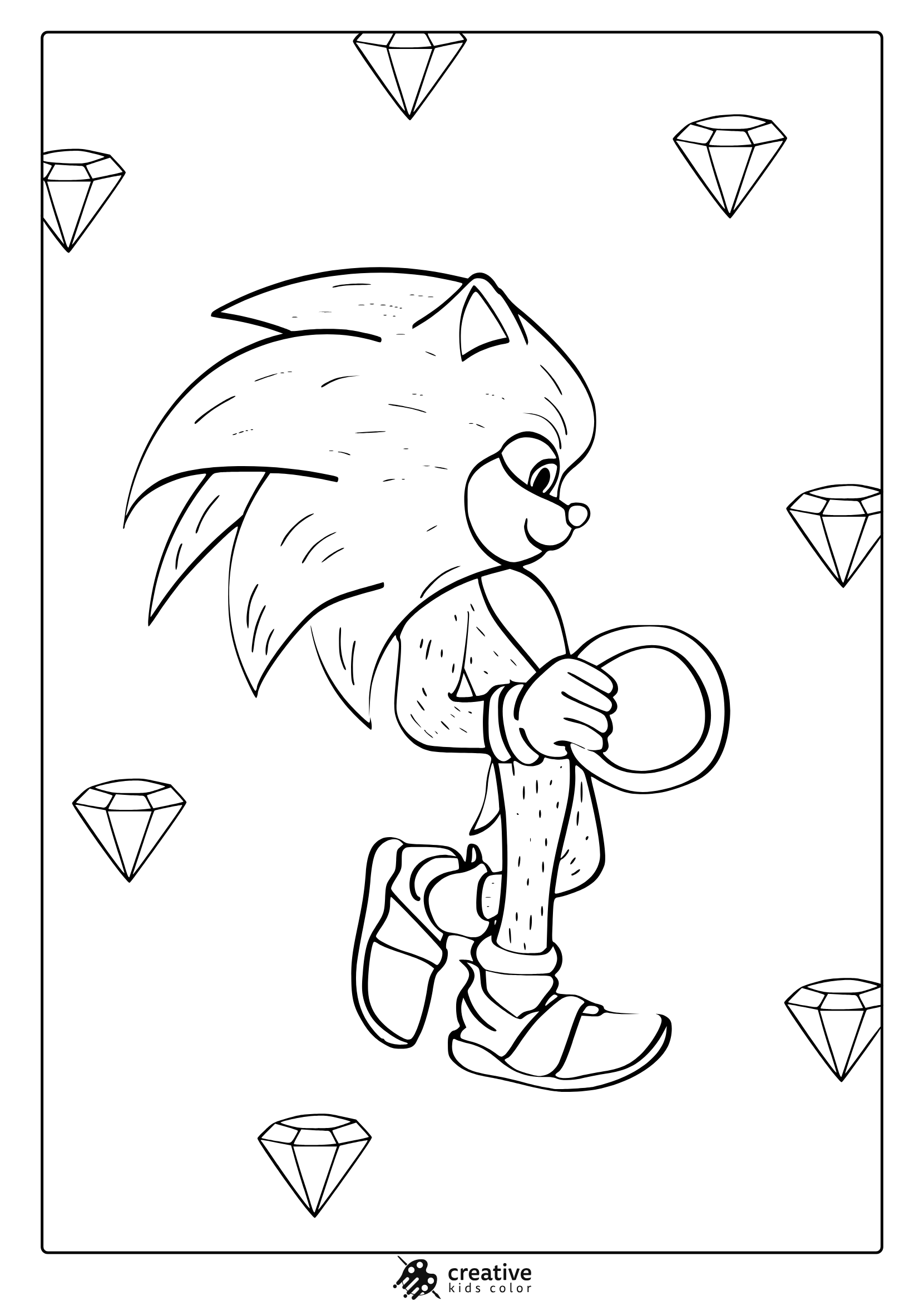 Coloring Page With Sonic Holding A Ring, Inspired By Sonic 2 Movie Style.
