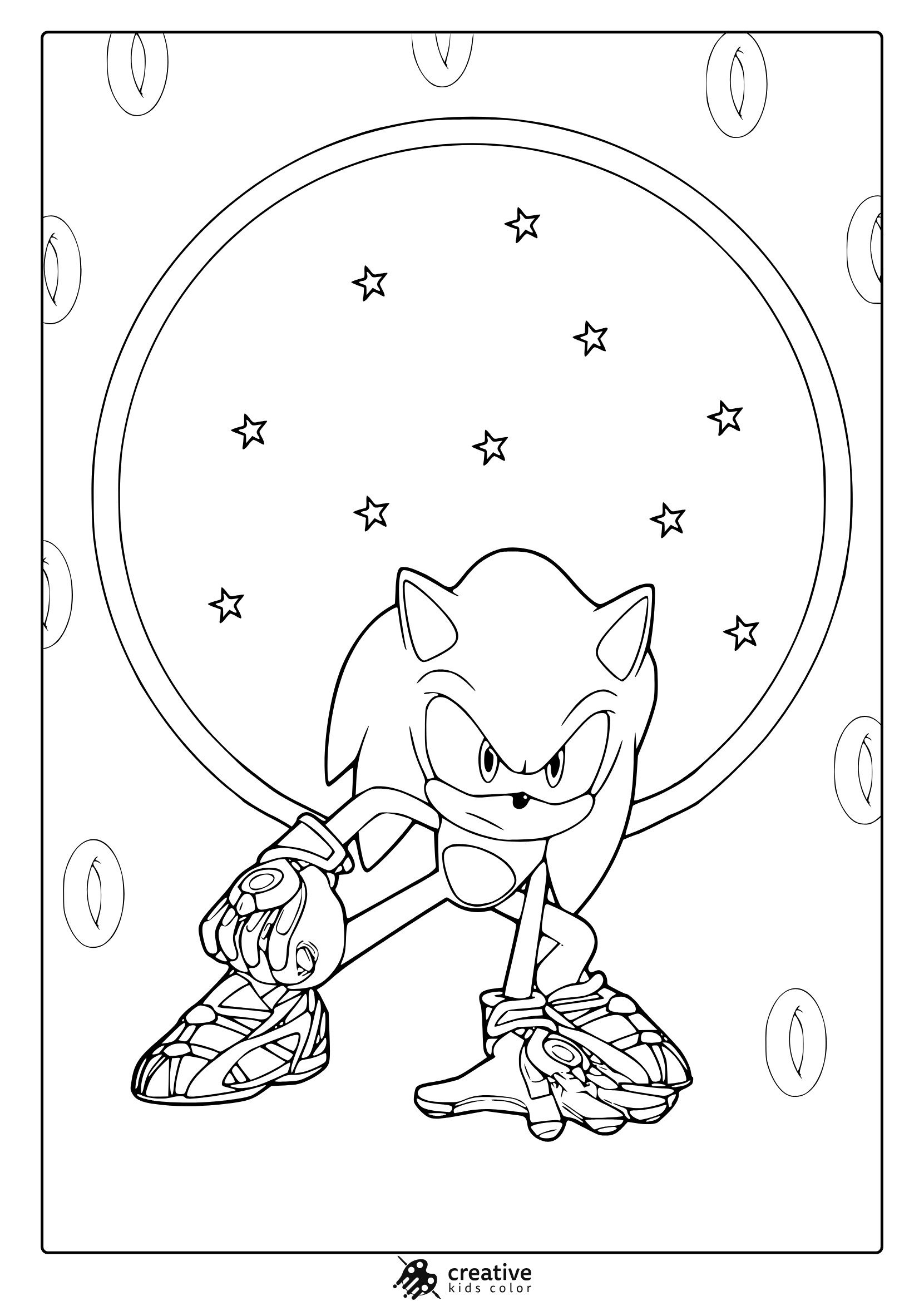 Coloring Page With Sonic In Crouching Pose Surrounded By Stars In A Circular Frame.