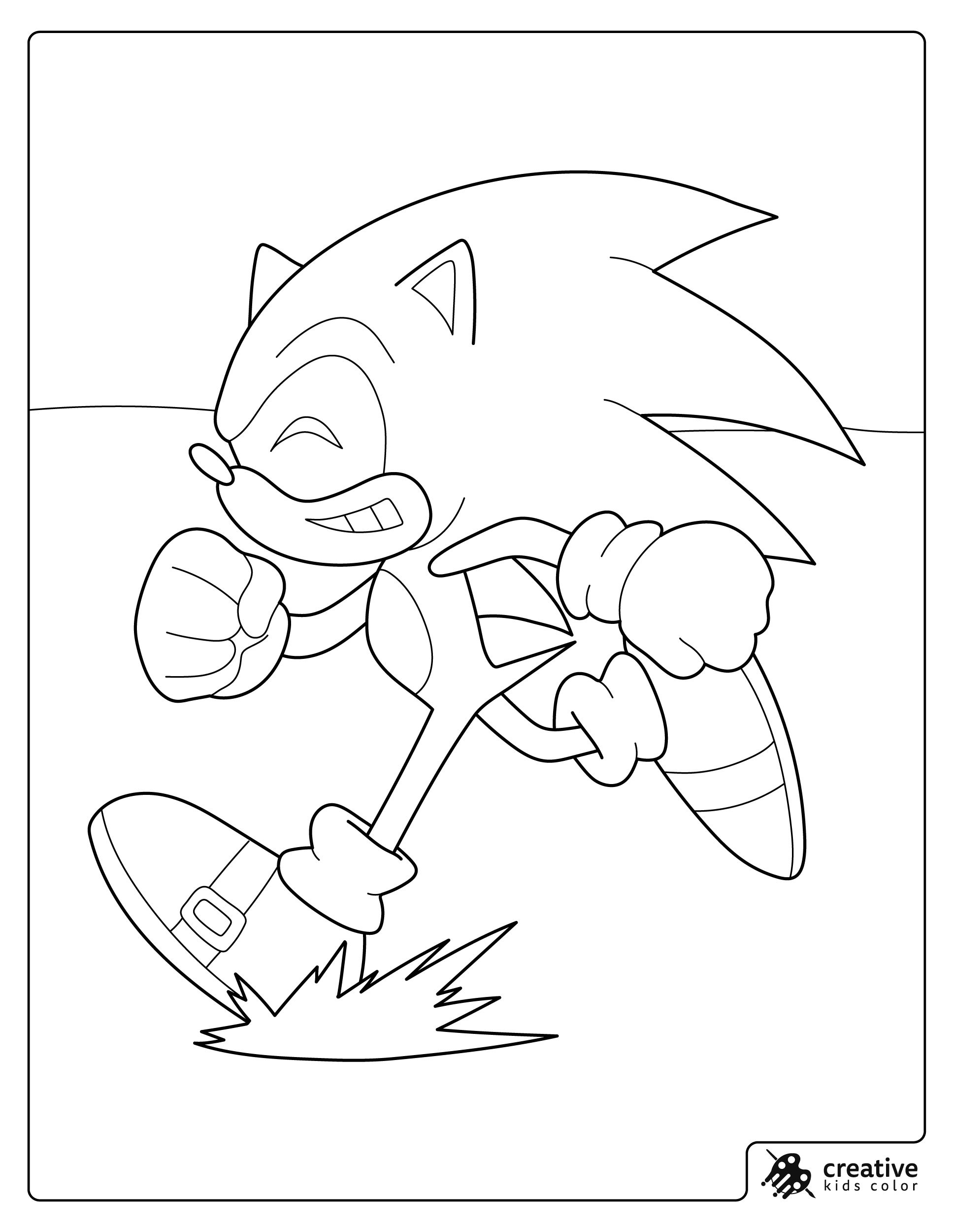 A coloring page showing Sonic running fast with a focused look.