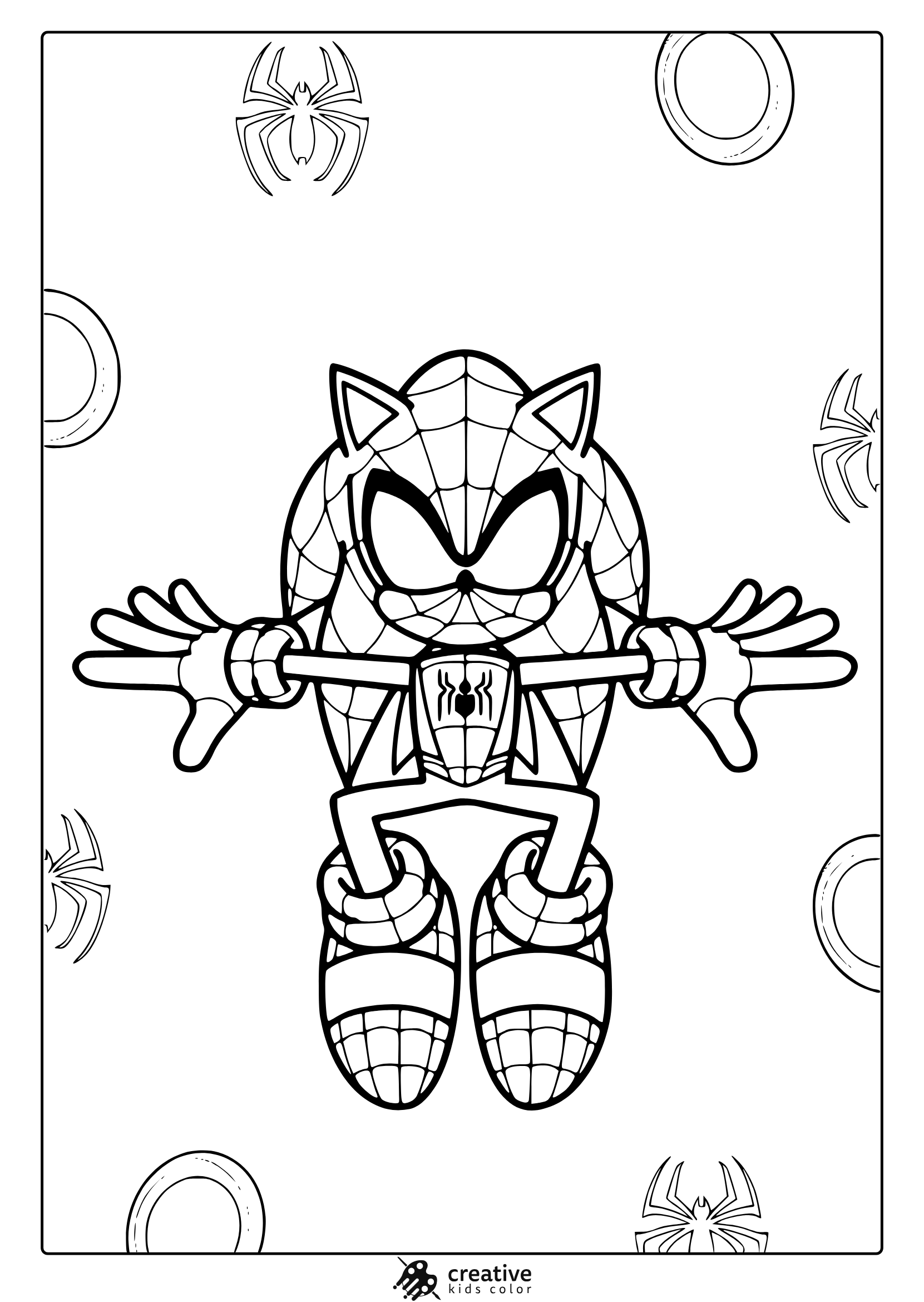 Sonic Coloring Page In Spider-Man Costume With Web Pattern And Playful Chibi Design.