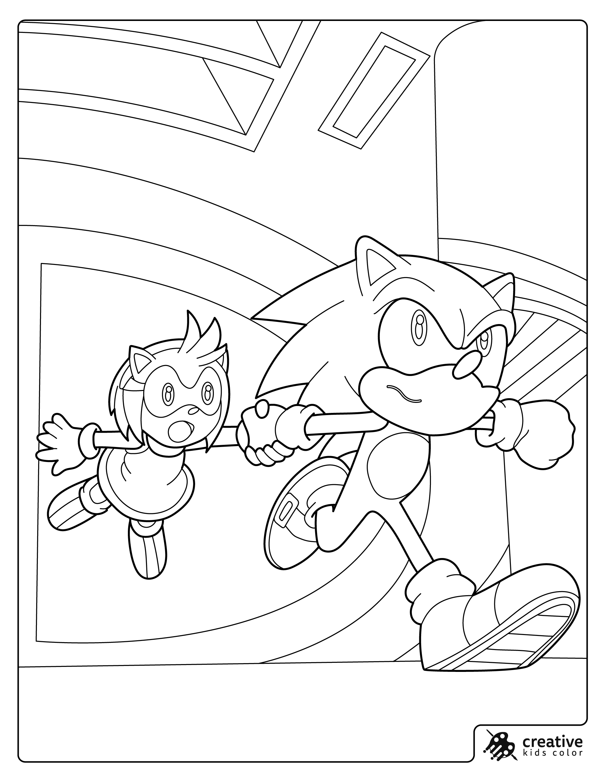 A coloring page showing Sonic holding Amy Rose’s hand while they run together.