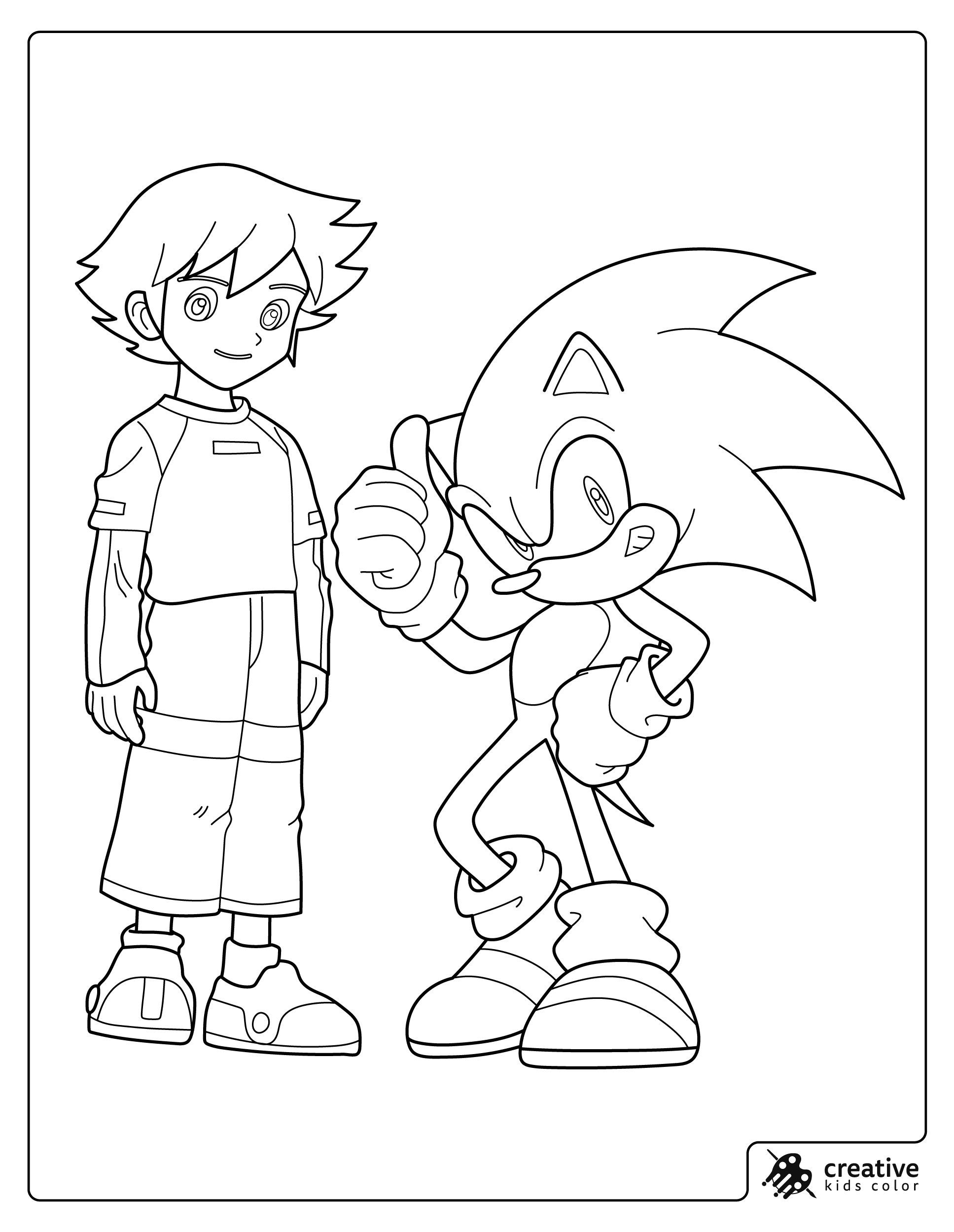 A coloring page showing Sonic giving a thumbs up next to Chris.