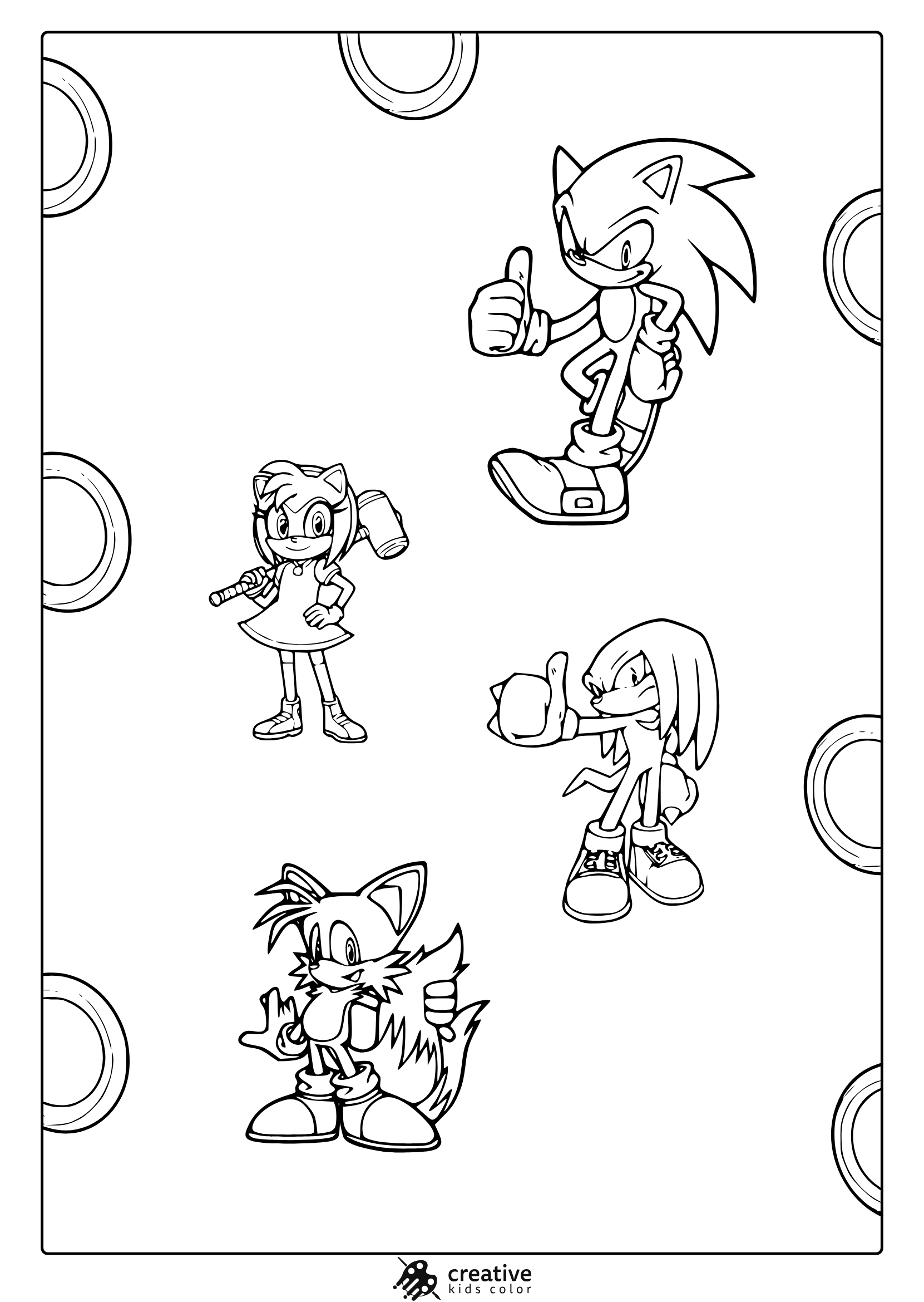 Coloring Page With Sonic, Amy, Tails, And Knuckles In A Fun, Energetic Group Pose.