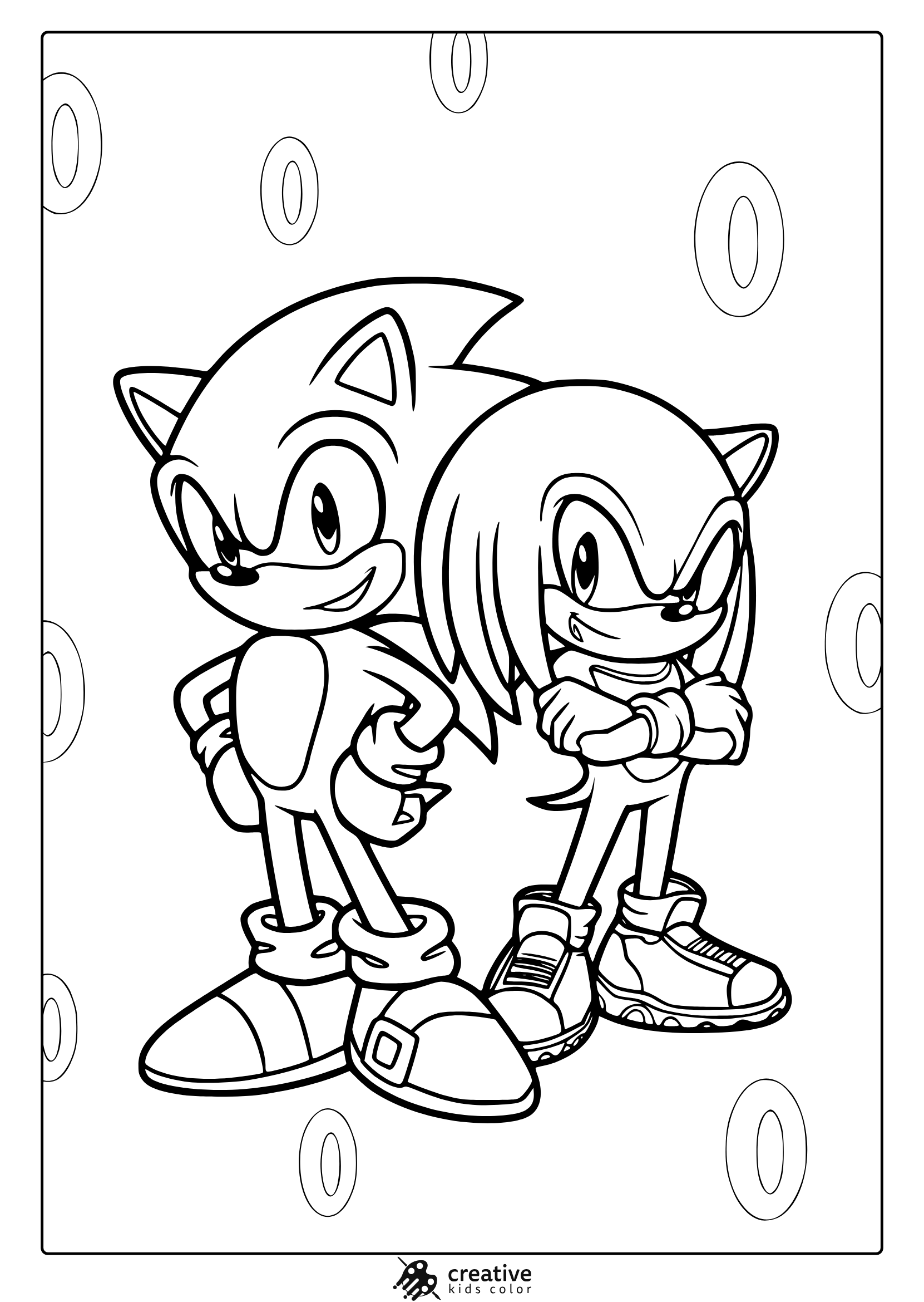 Coloring Page With Sonic And Knuckles Standing Side By Side In Classic Style.