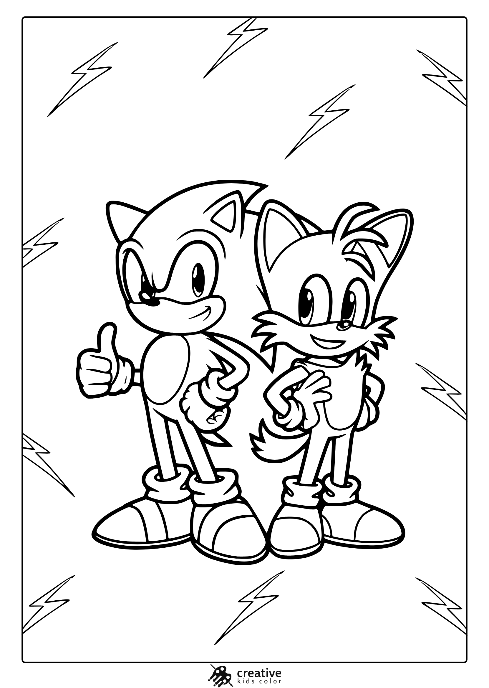 Coloring Page With Sonic And Tails Posing With Lightning Bolt Background.