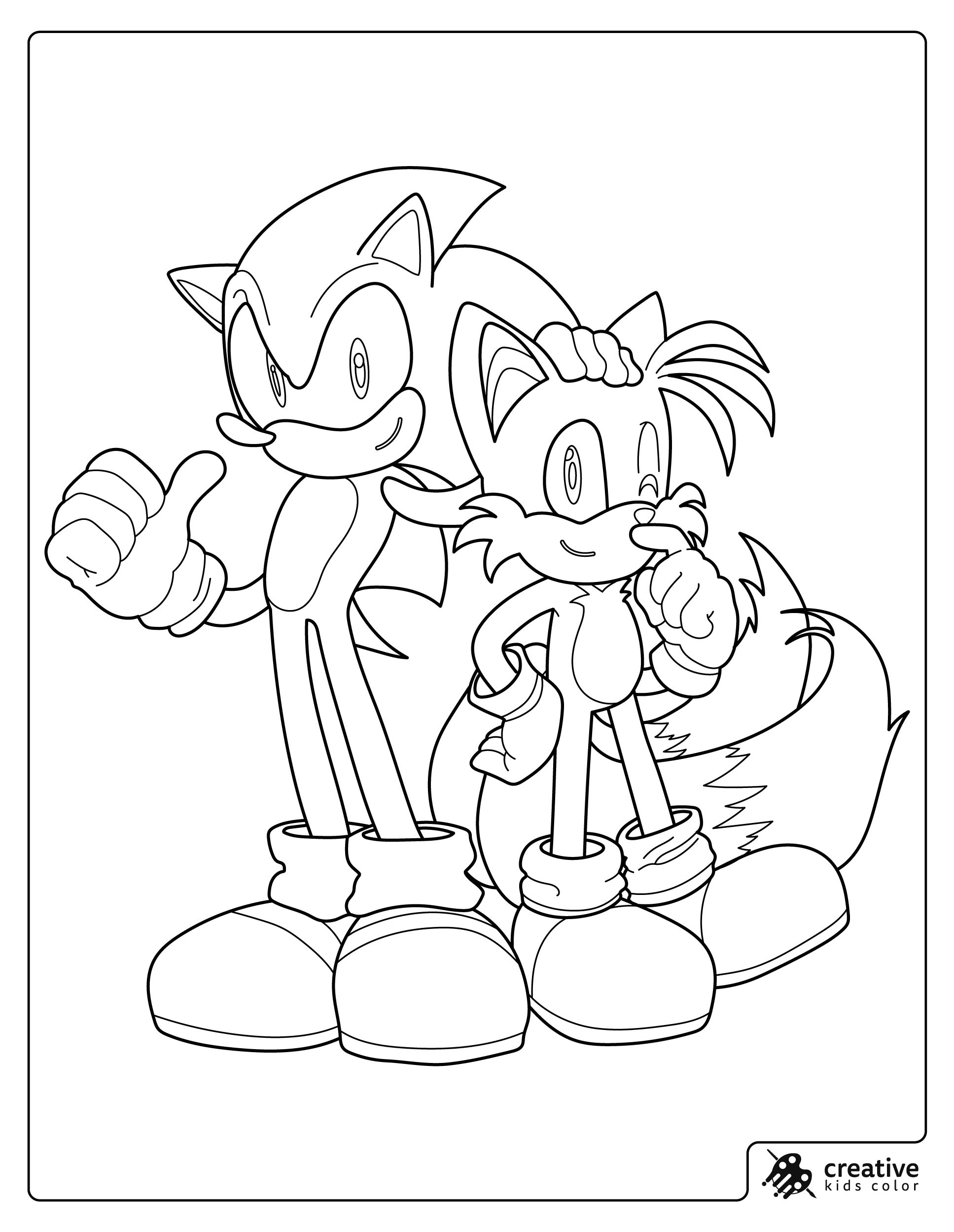 A coloring page showing Sonic standing with his hand on Tails’ head while both smile.