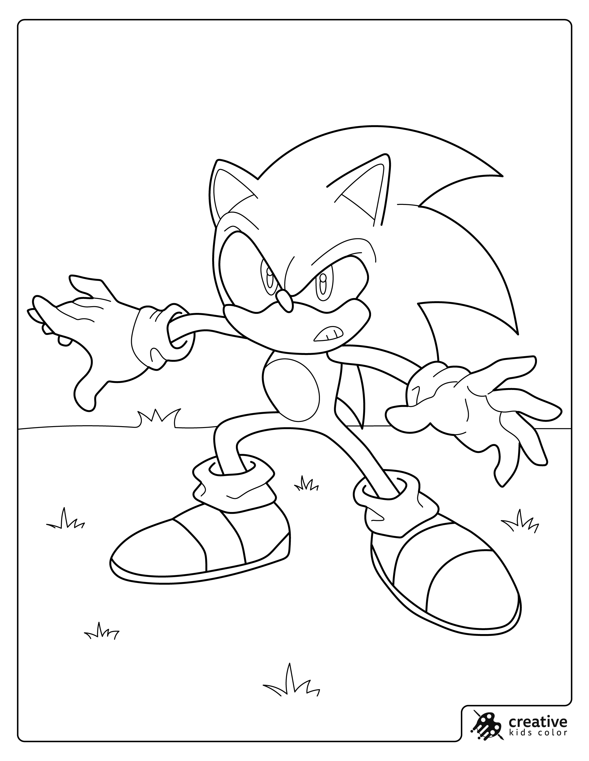 A coloring page showing Sonic standing on grass with his arms lifted in a fighting stance.