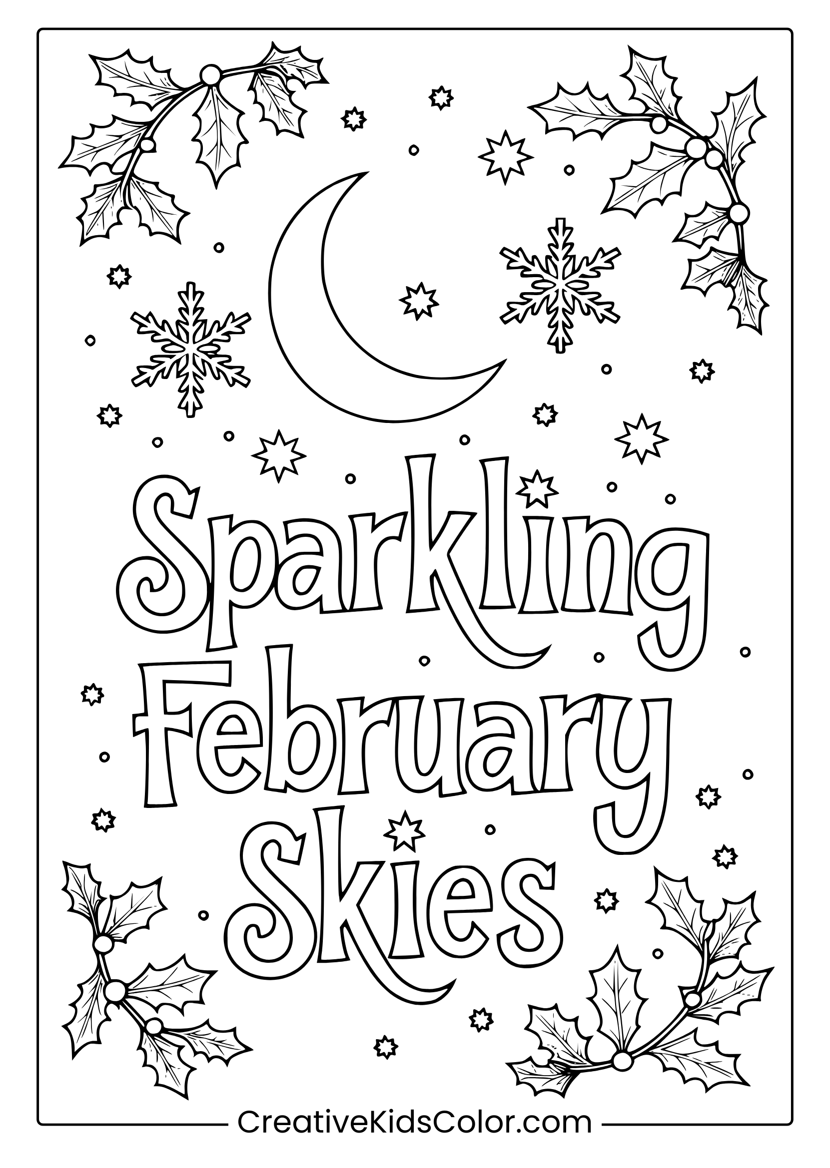 A Colorful February Coloring Page Featuring A Crescent Moon, Snowflakes, And Decorative Elements.