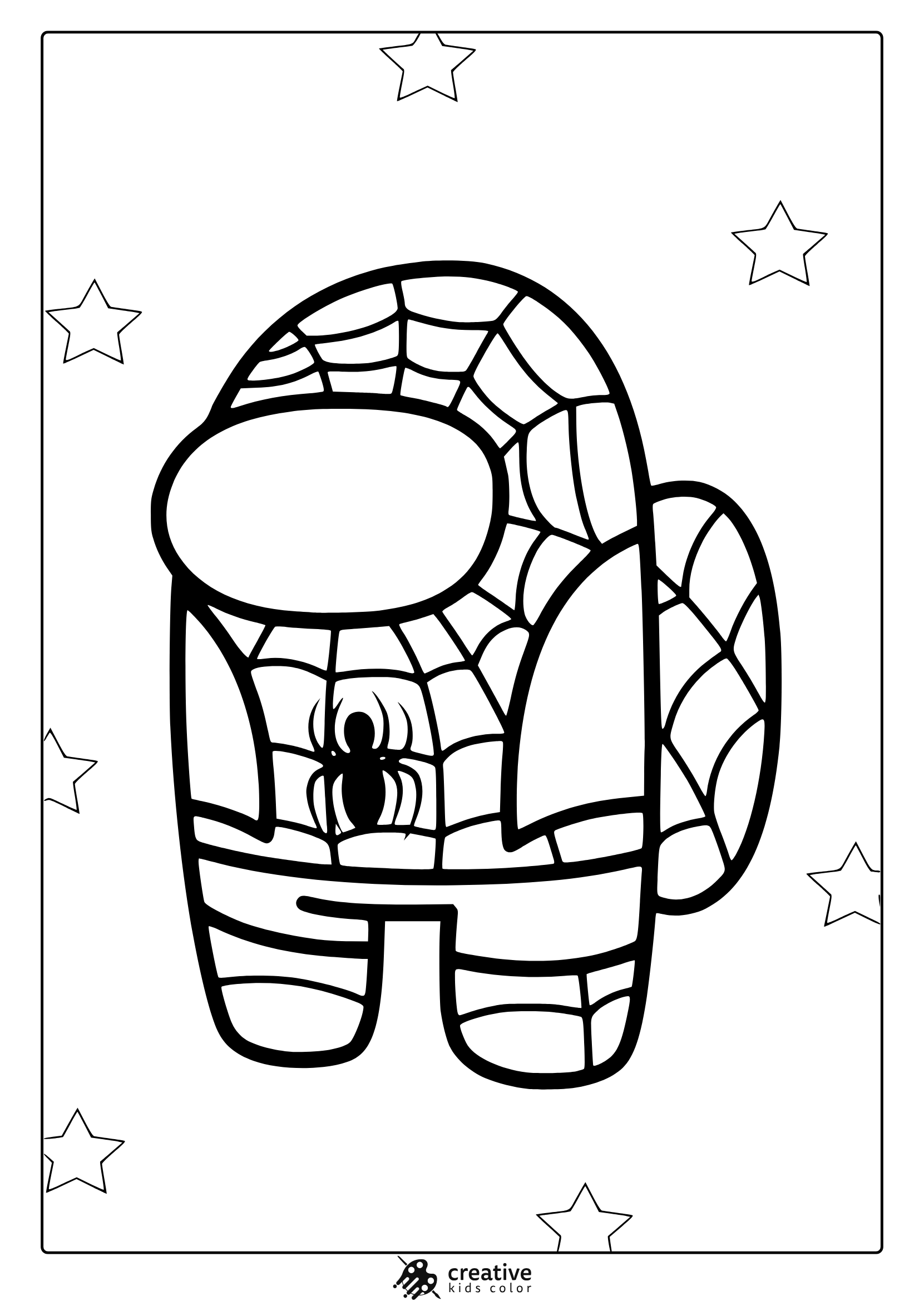 Among Us Coloring Page With Spider-Man-Themed Suit And Decorative Background Elements.