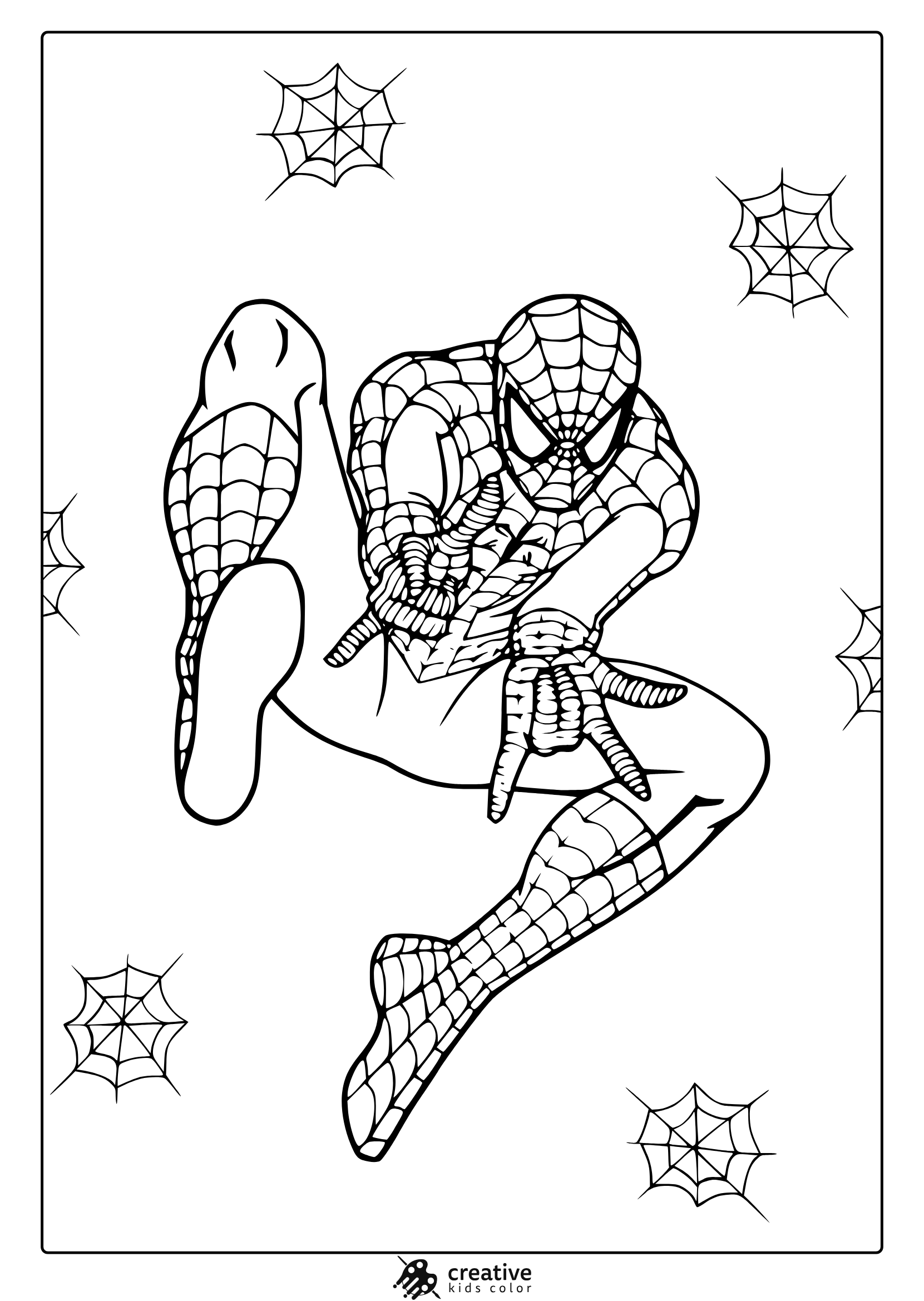 Spider-Man Coloring Page With Dynamic Jumping Pose And Web-Patterned Suit Design.