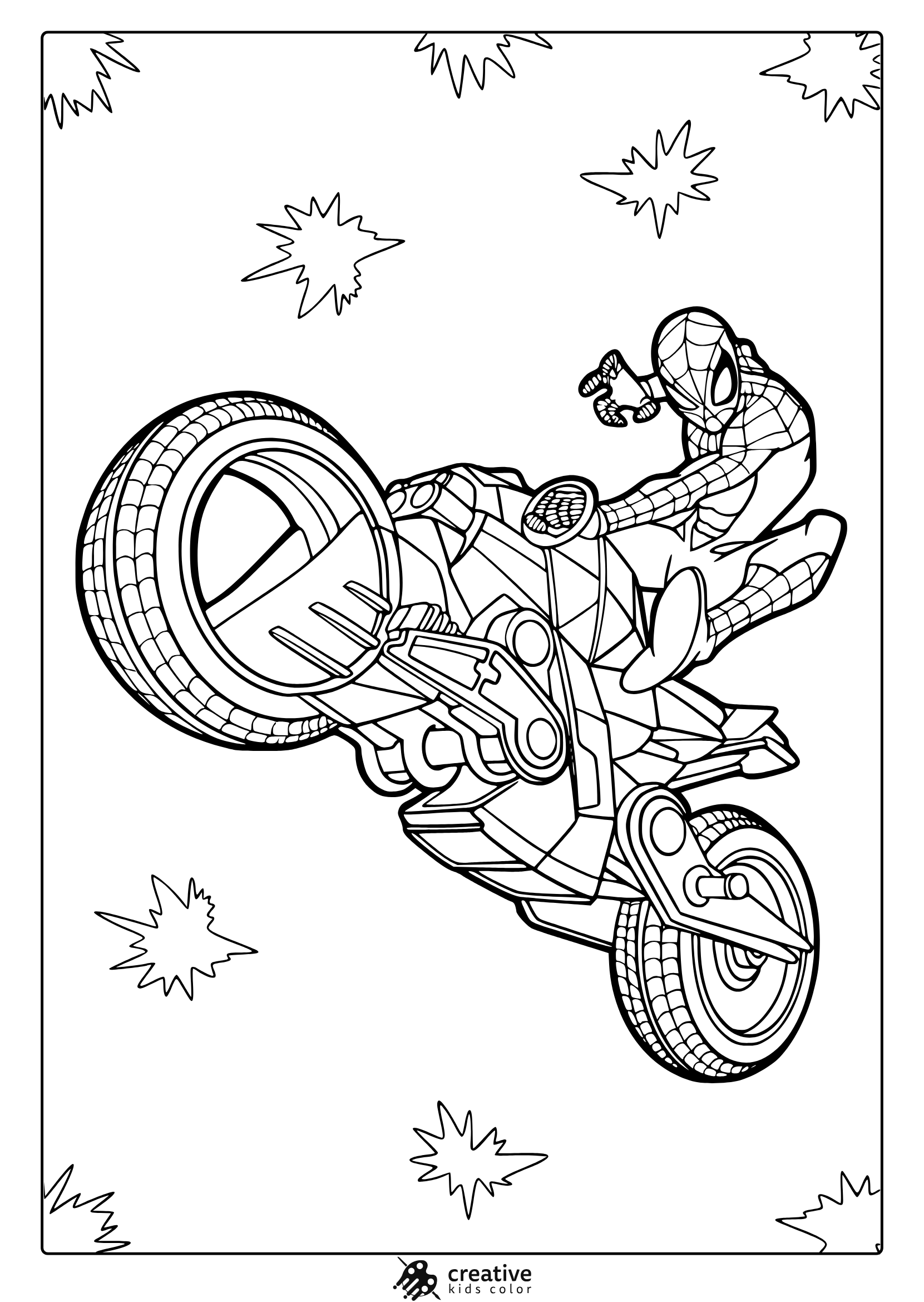 Spider-Man Coloring Page Featuring Motorcycle Action And Bold Web-Suit Details.