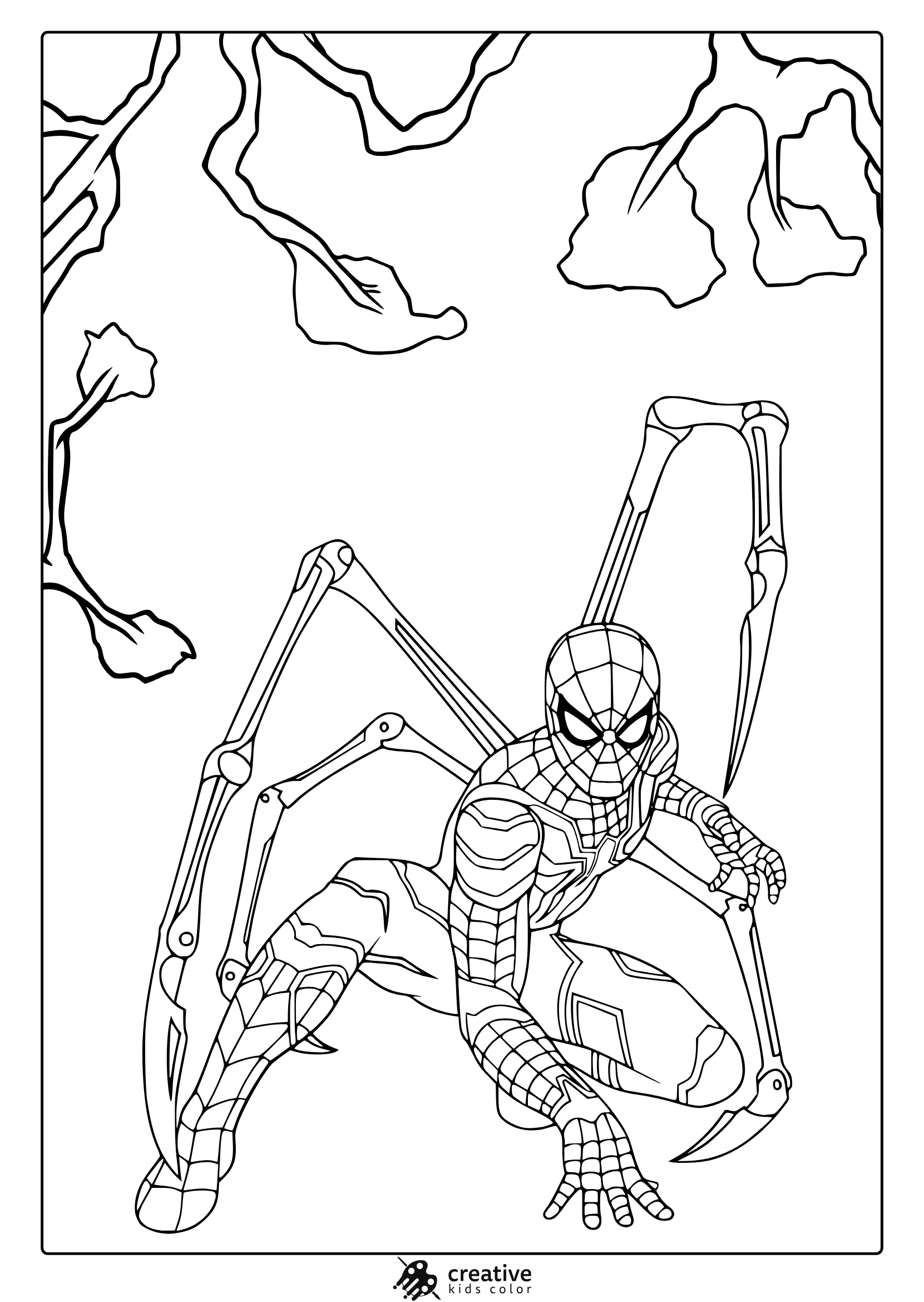 Spider-Man Coloring Page With Crouching Pose And Mechanical Spider Legs From No Way Home.