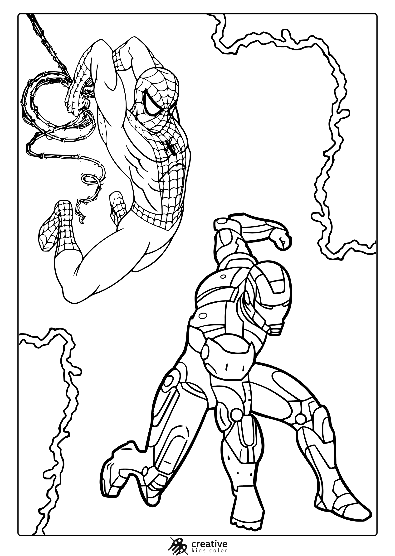 Spider-Man And Iron Man Coloring Page In Action Pose With Lightning Bolt Background.