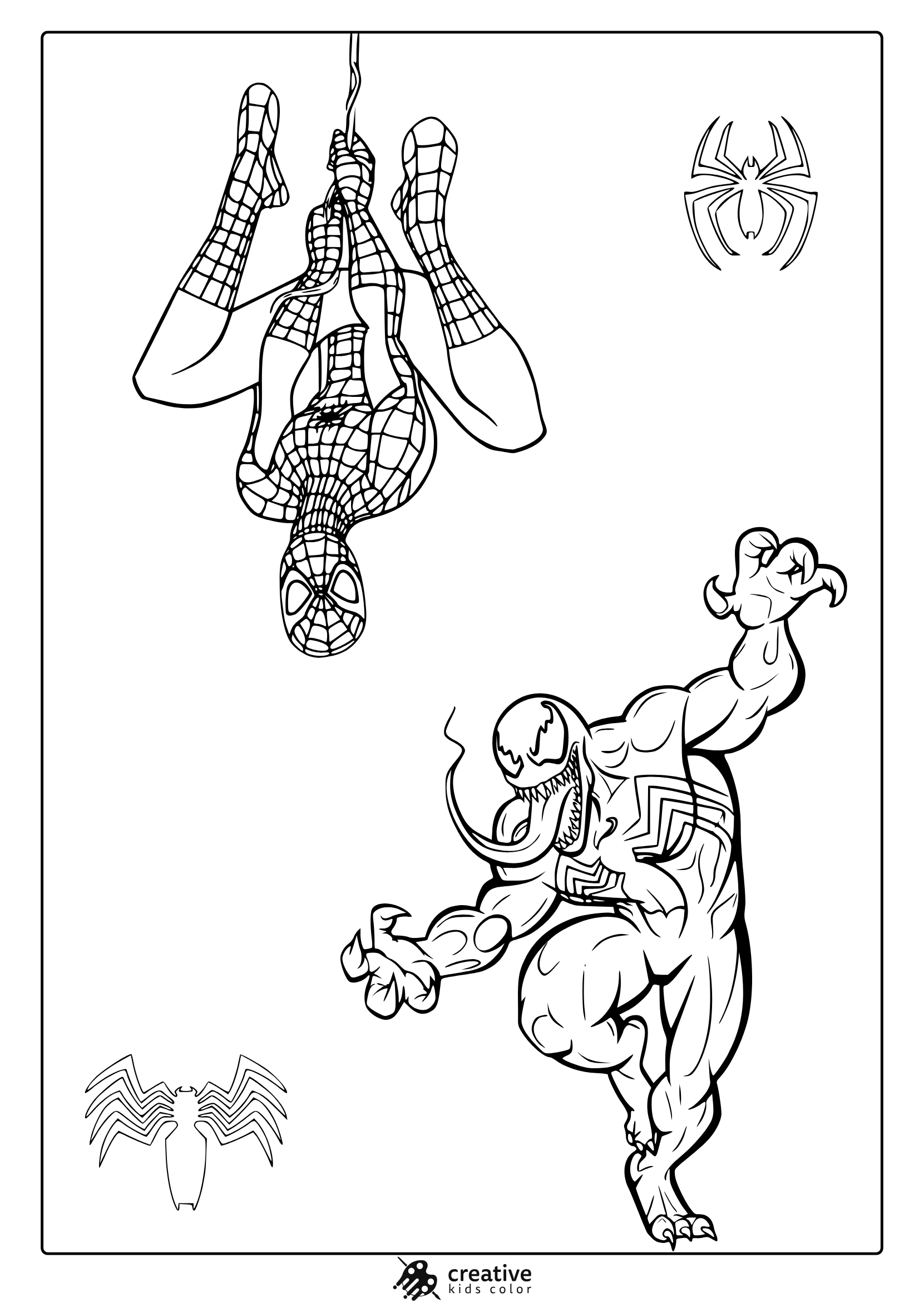 Spider-Man And Venom Coloring Page With Dynamic Action Poses And Bold Comic Outlines Ready To Be Colored.
