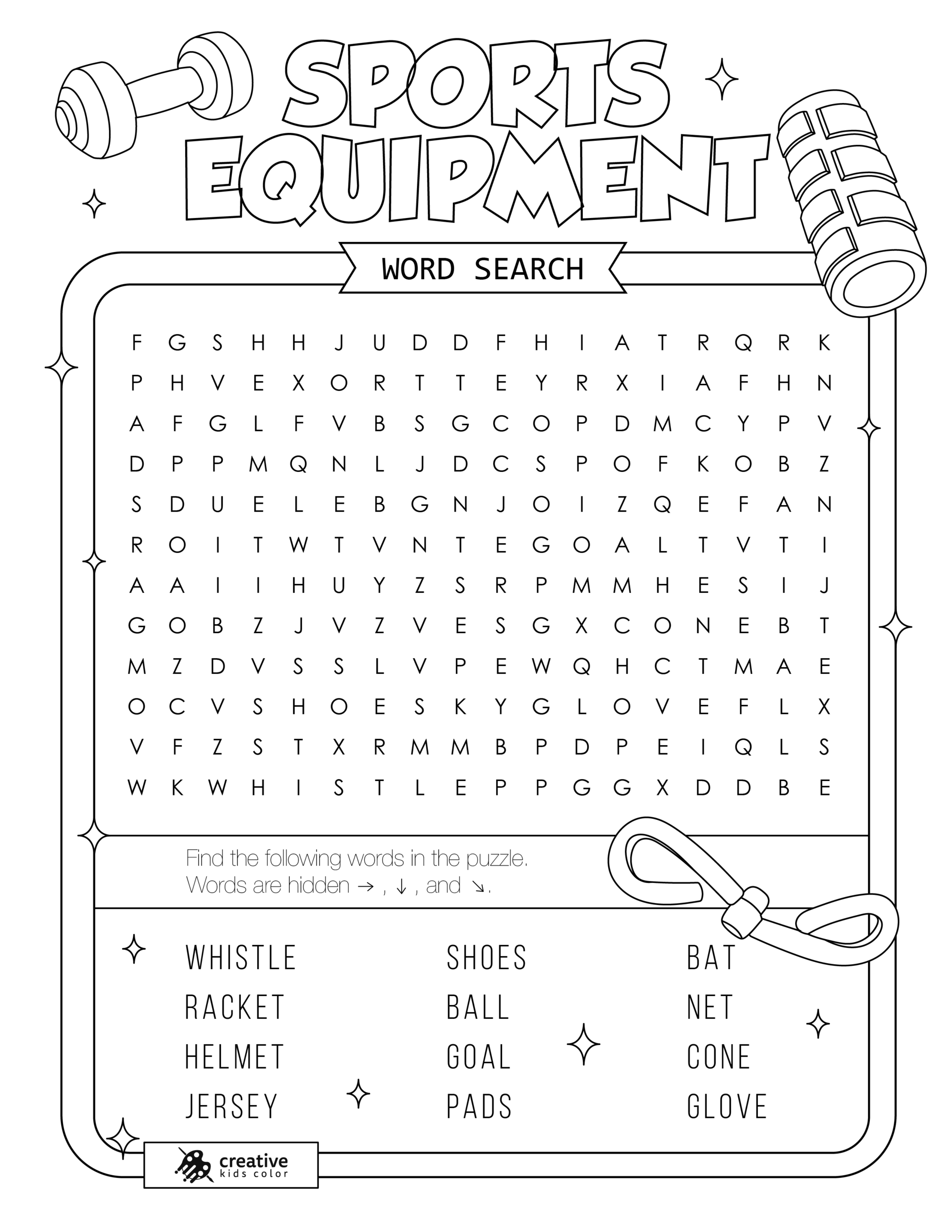Free printable Sports Equipment word search puzzle with 12 items from ball to glove.