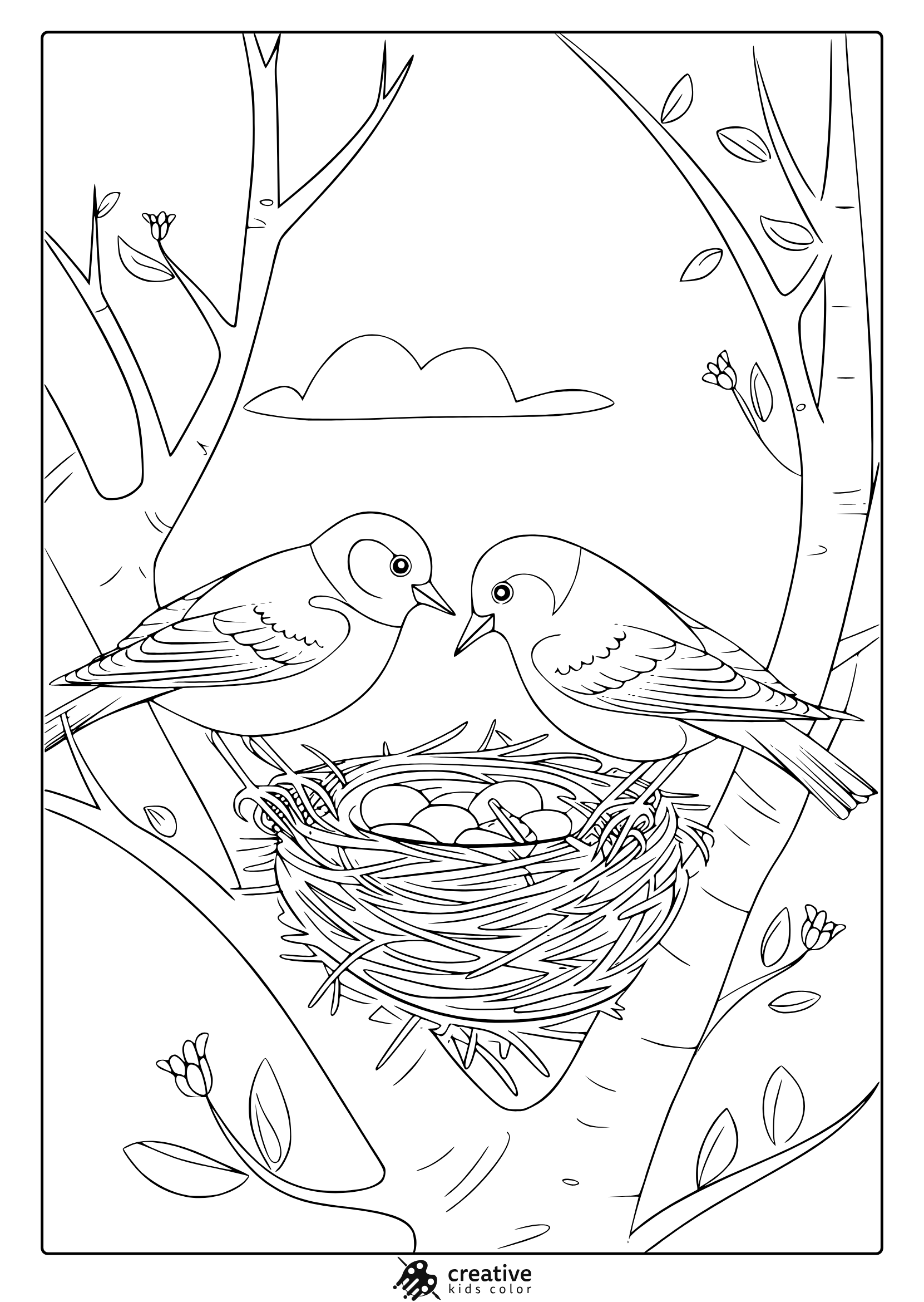 A Bird-Themed March Coloring Page With Two Birds Near Their Nest, A Tree Branch, And A Peaceful Outdoor Setting.