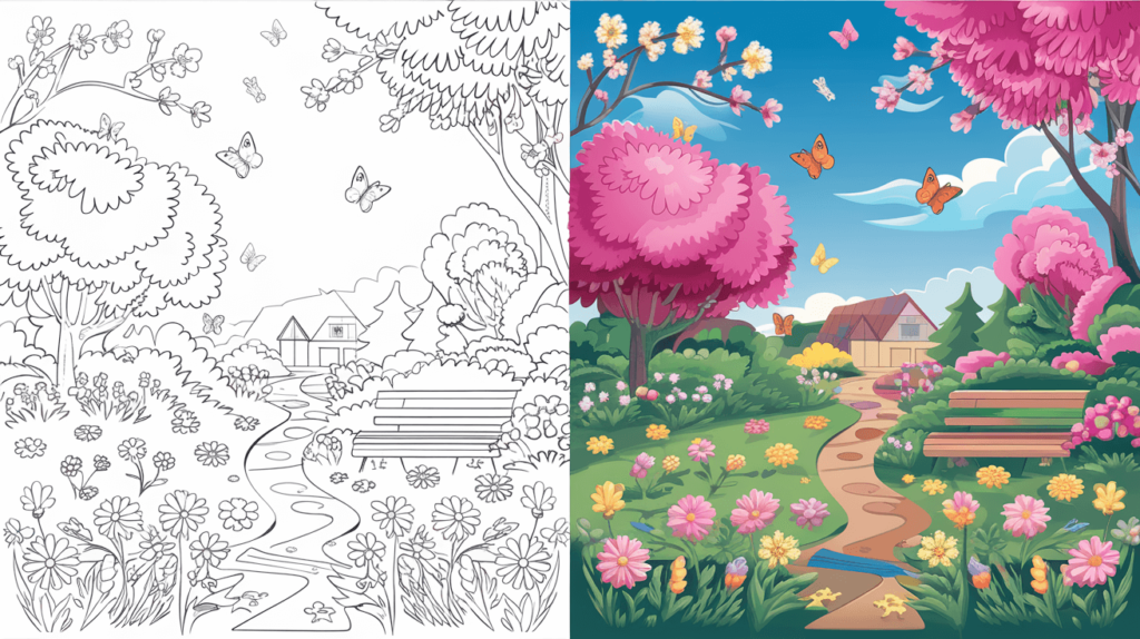 Spring Coloring Page Cover, Left Side Black And White, Right Side Colored In A Fun, Nature-Filled Scene.