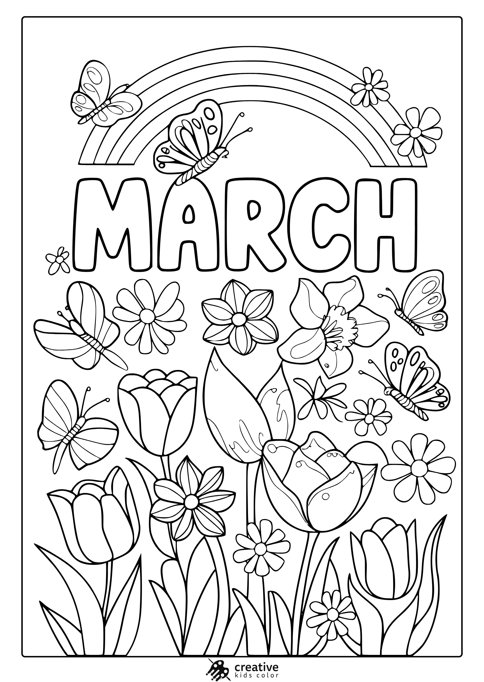 A Spring-Themed March Coloring Page With ‘March’ Text, A Rainbow, Butterflies, And Tulips, Perfect For Seasonal Fun.