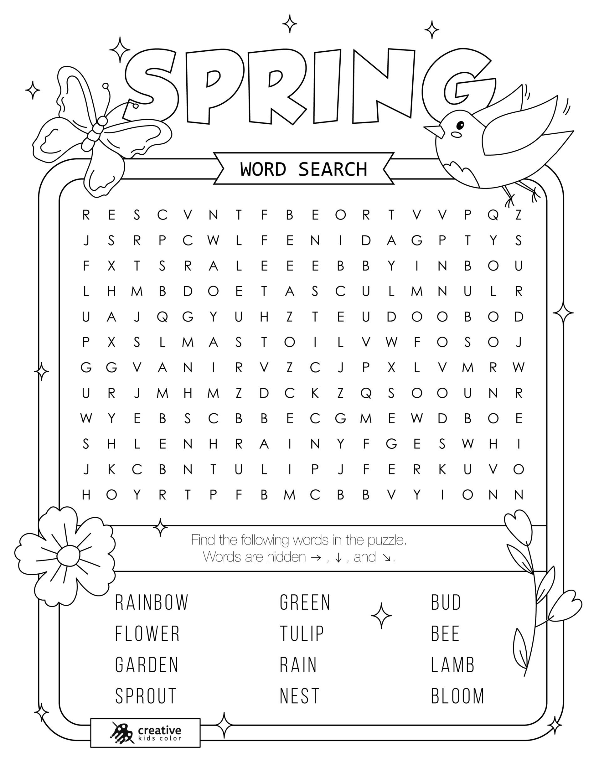 Free printable Spring word search puzzle with 12 words from rain to flower.