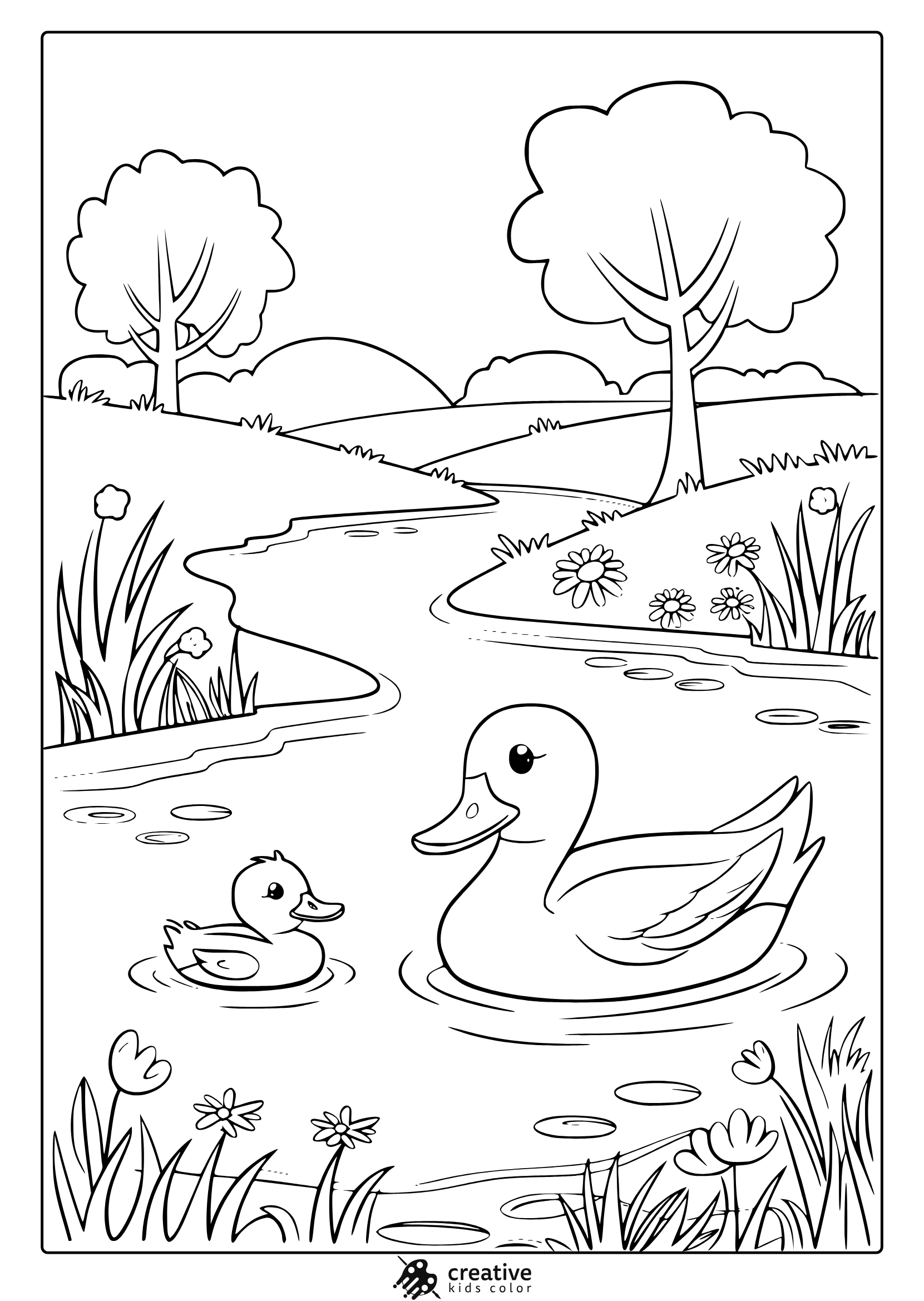 Spring Coloring Page Featuring A Mother Duck And Duckling In A Pond With Flowers And Trees, Ideal For A Calming Coloring Activity.