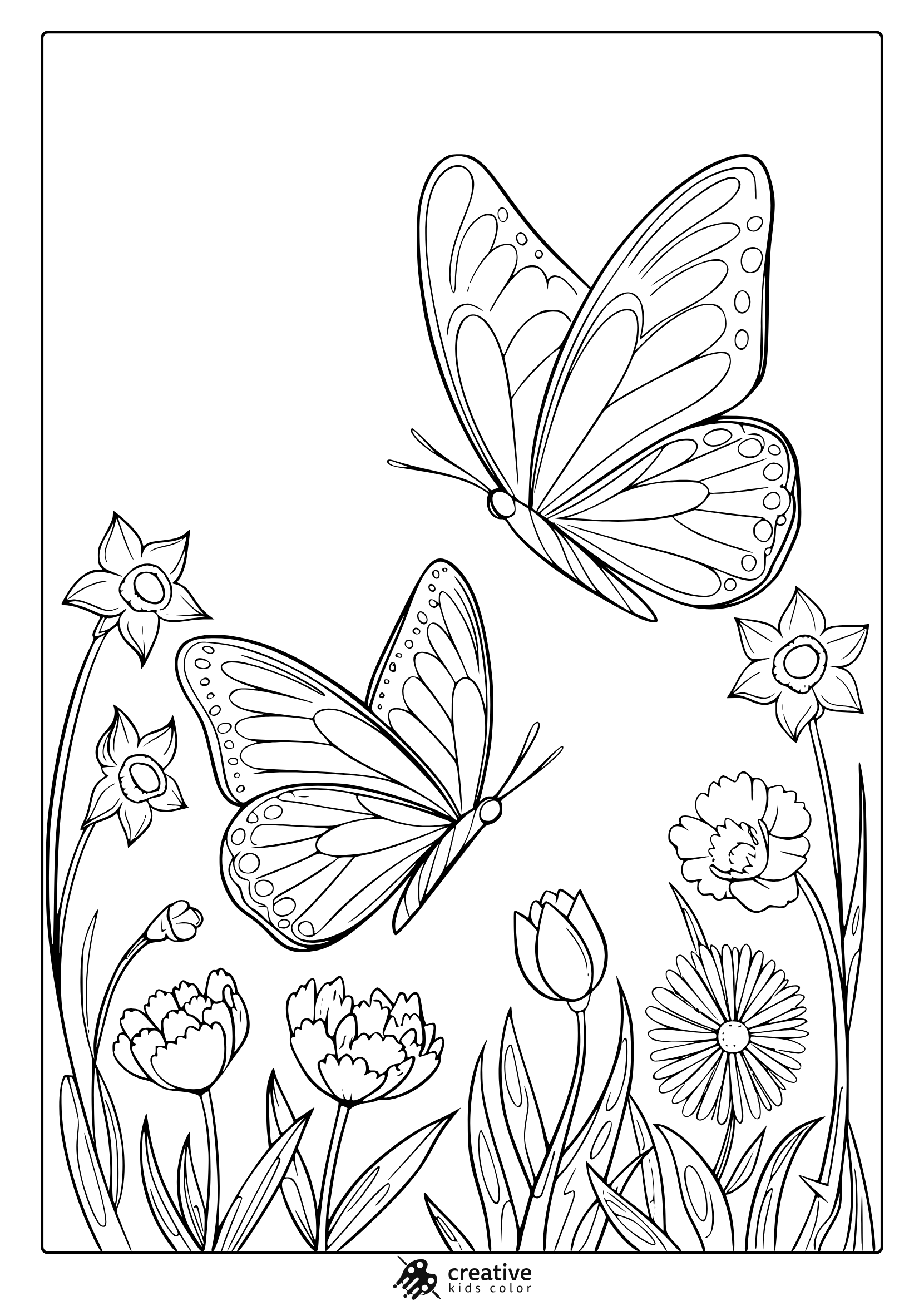 A Butterfly Coloring Page With Two Butterflies Flying Among Tulips And Daisies, Perfect For Spring-Themed Creativity.