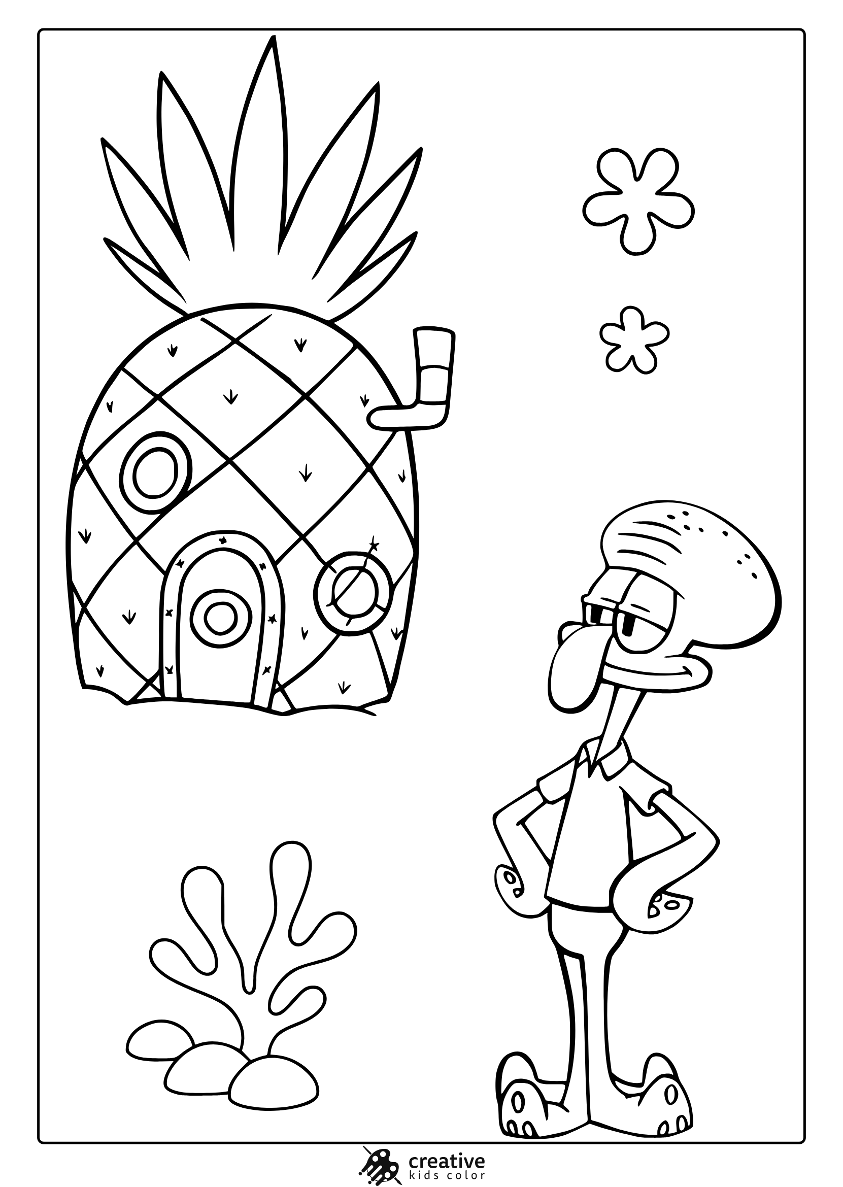 Squidward Stands Near The Pineapple House In This Spongebob-Themed Underwater Coloring Page.