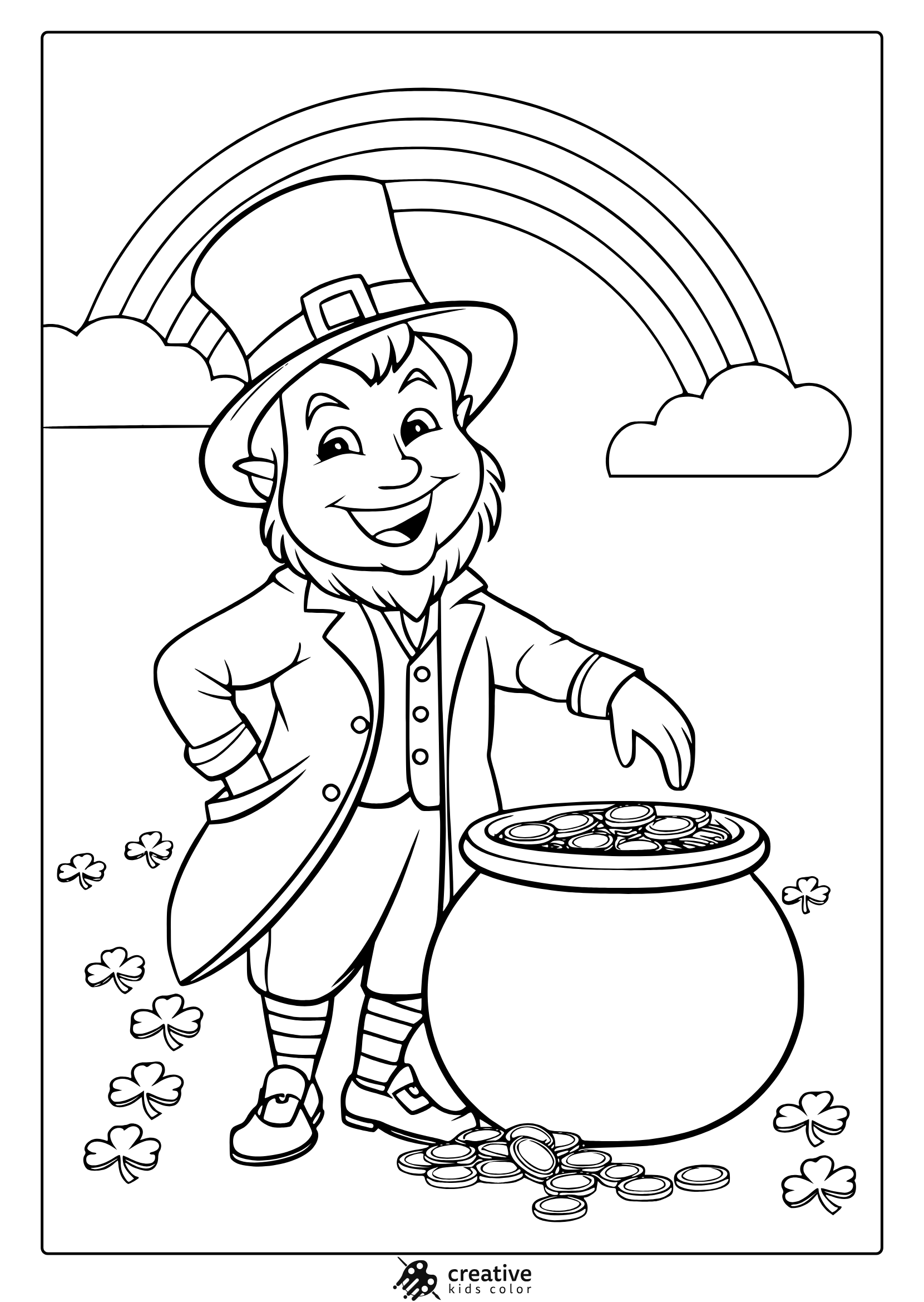 A Fun St. Patrick’s Day Coloring Page Featuring A Happy Leprechaun, A Pot Of Gold, And A Rainbow To Bring Luck And Joy.