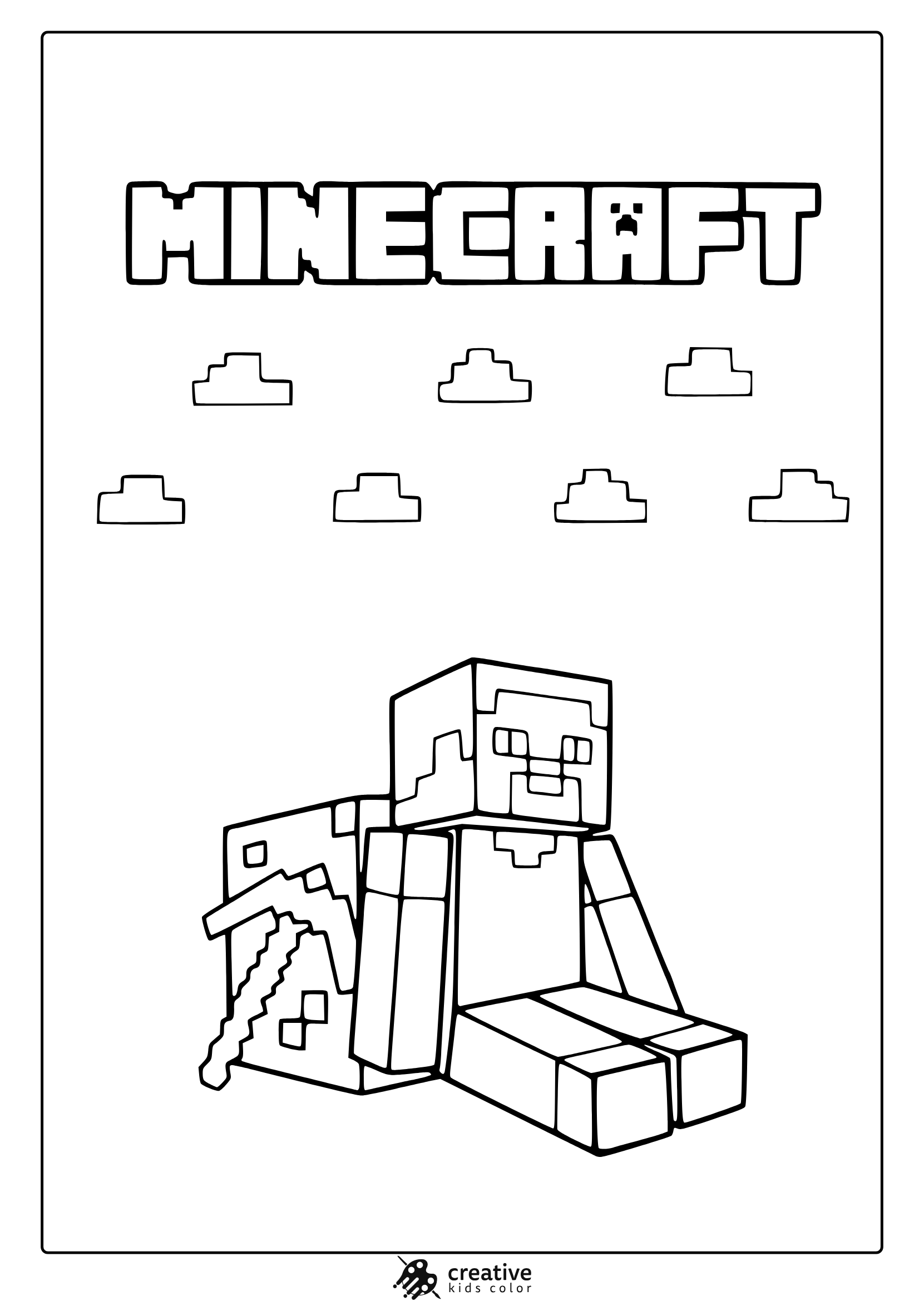 Steve And His Pickaxe Coloring Page Featuring Blocky Elements, Helmet, And Bold Minecraft Art Style.
