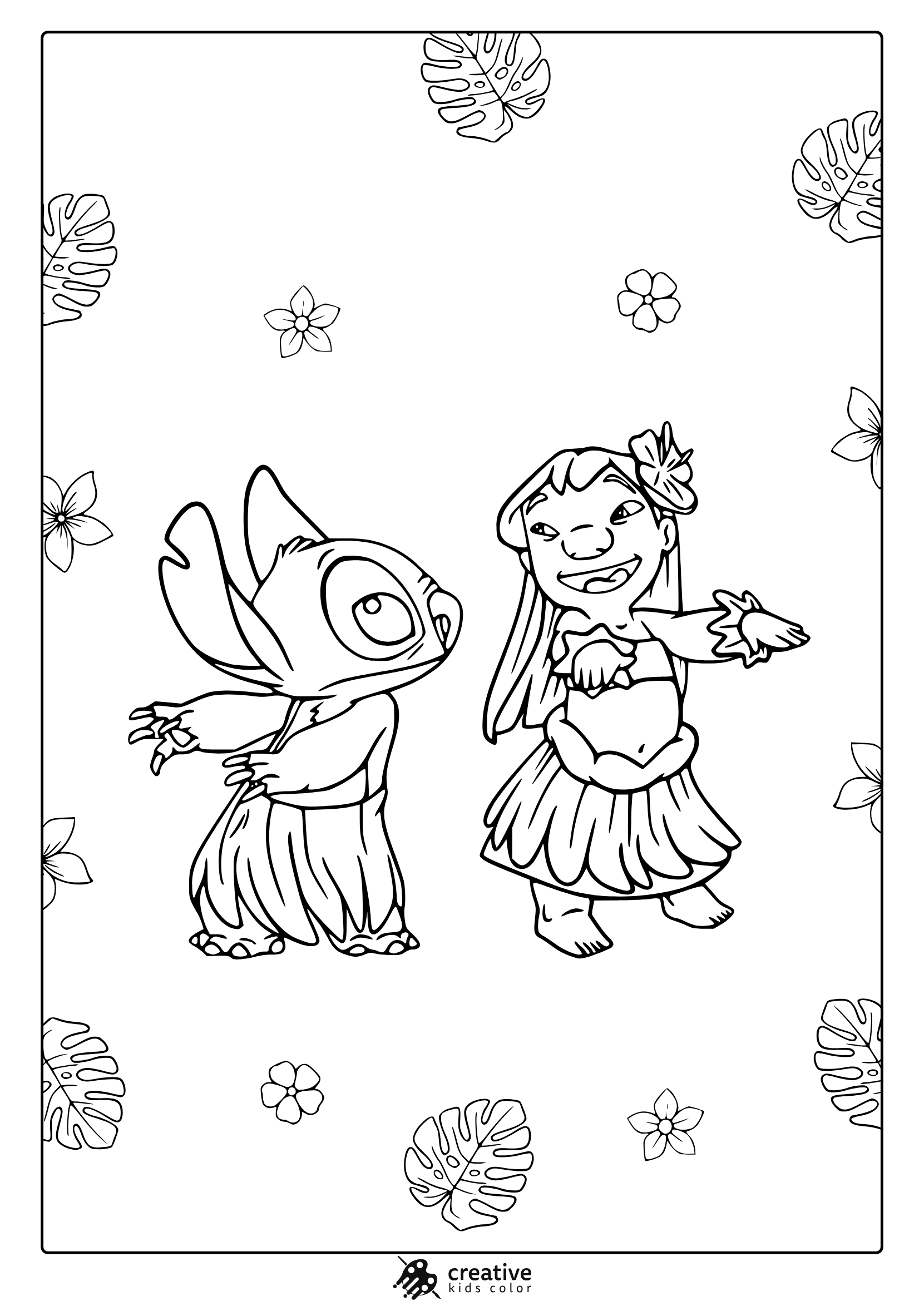 Stitch And Lilo Hula Dancing Coloring Page With Tropical Monstera Leaves And Plumeria Flowers On A White Background.
