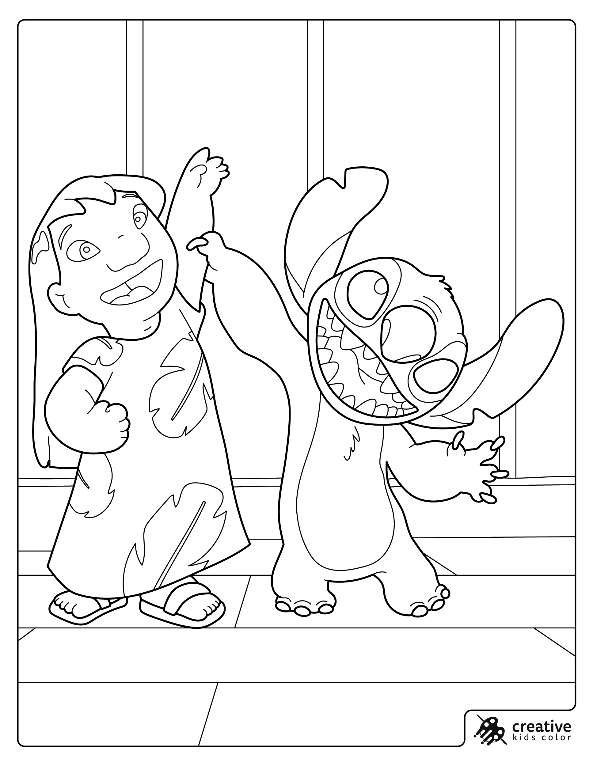 A Coloring Page Showing Lilo And Stitch Standing Happily Together.