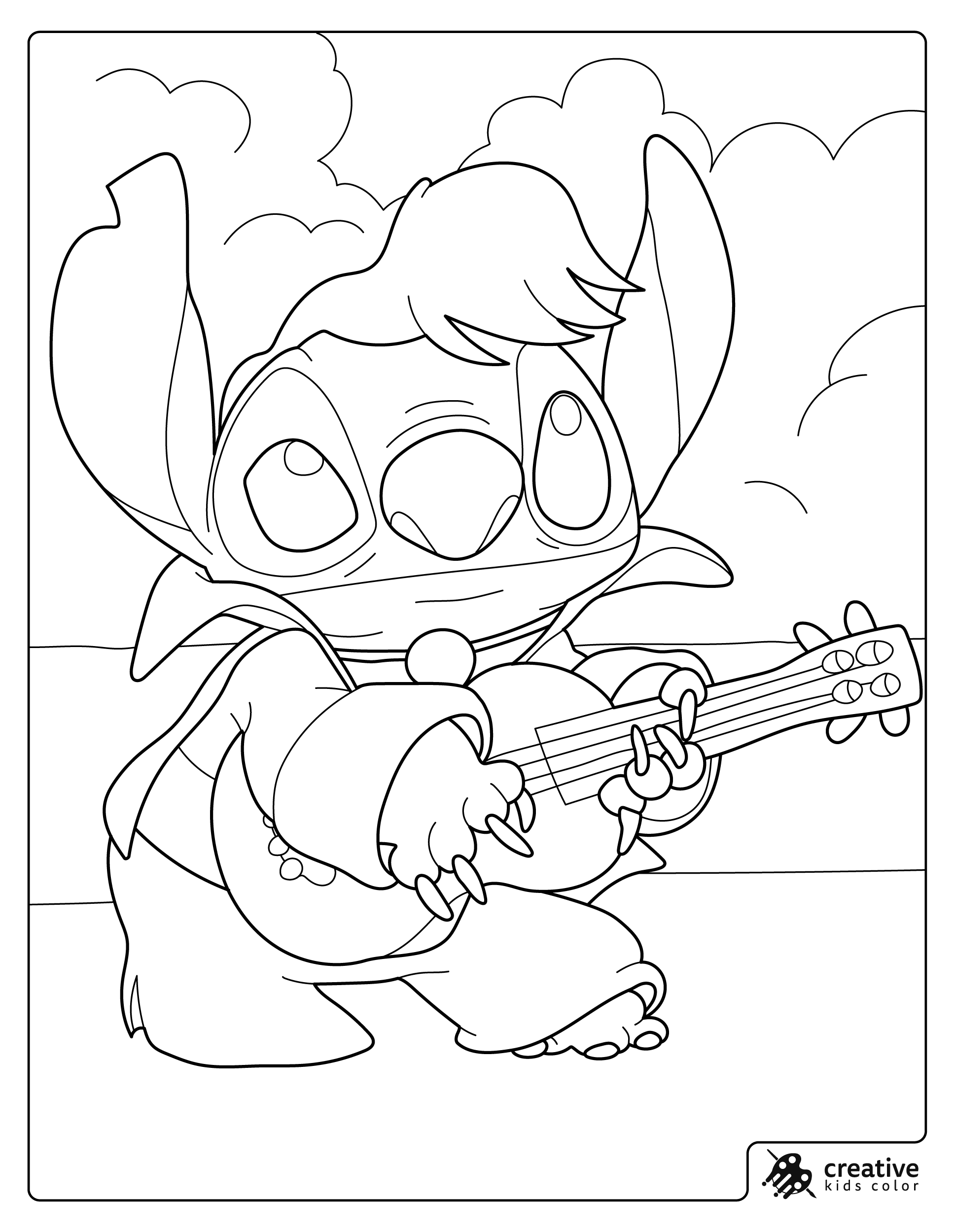 A Coloring Page Showing Stitch Dressed Like Elvis And Holding A Guitar.
