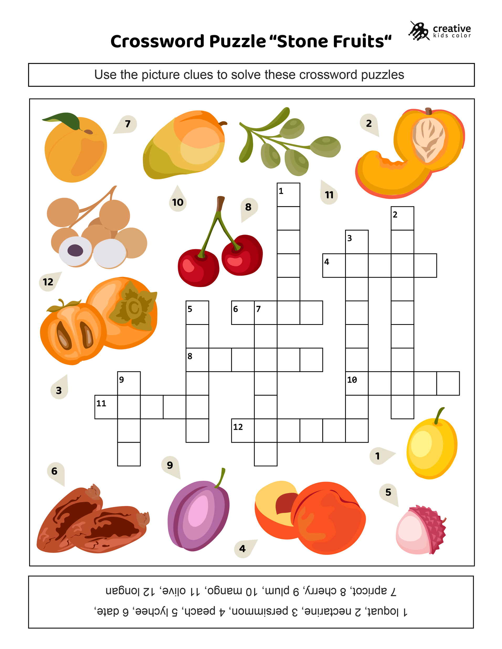 Free printable stone fruits crossword puzzle for classrooms.