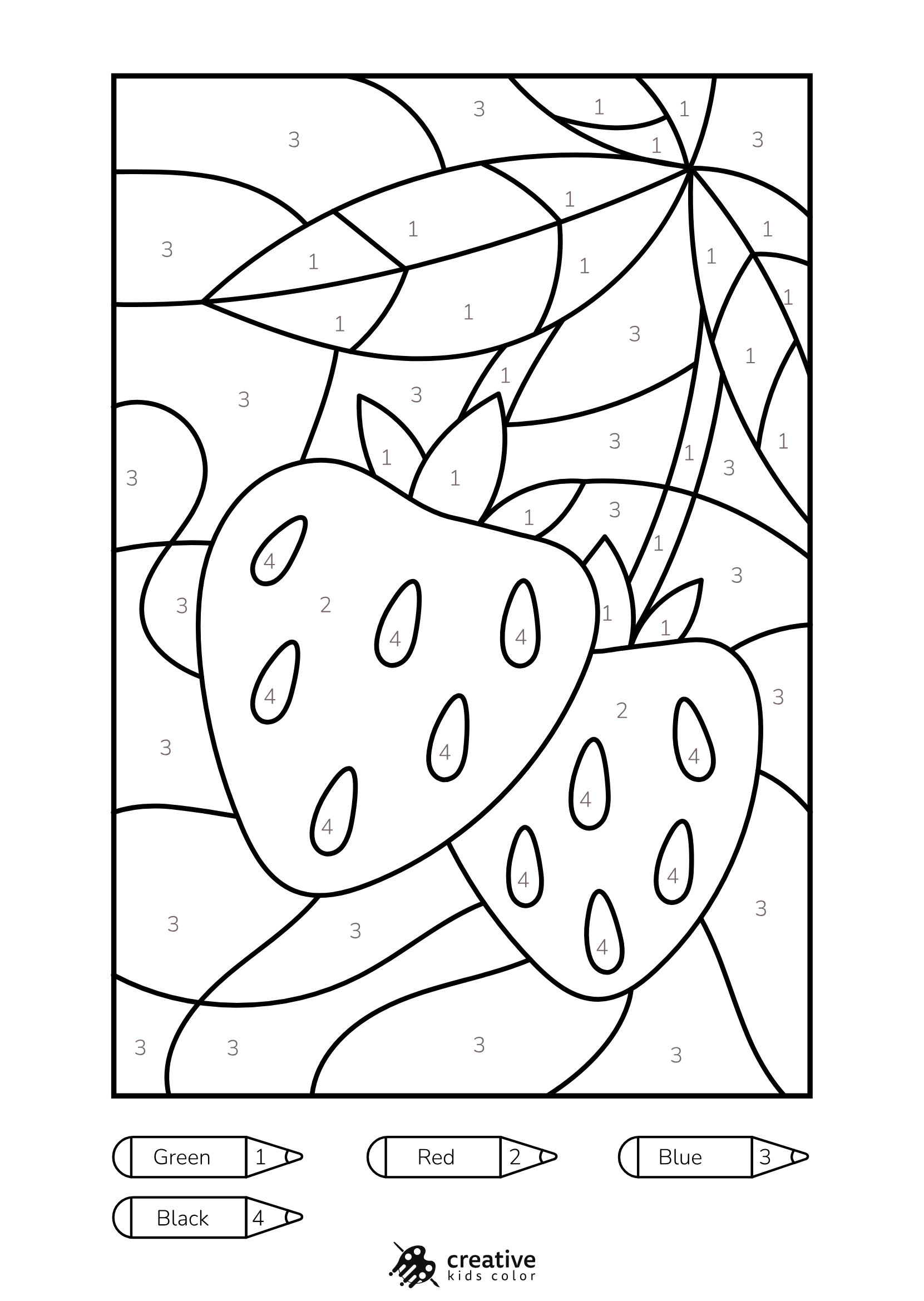 Strawberry Color By Number Coloring Page With Fun Details To Color In.