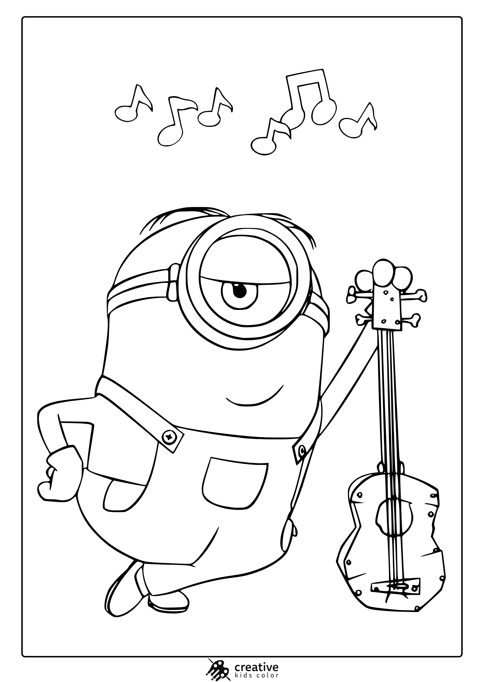 Coloring Page With Stuart The Minion Holding A Guitar And Music Notes Above, Great For A Musical Coloring Page.