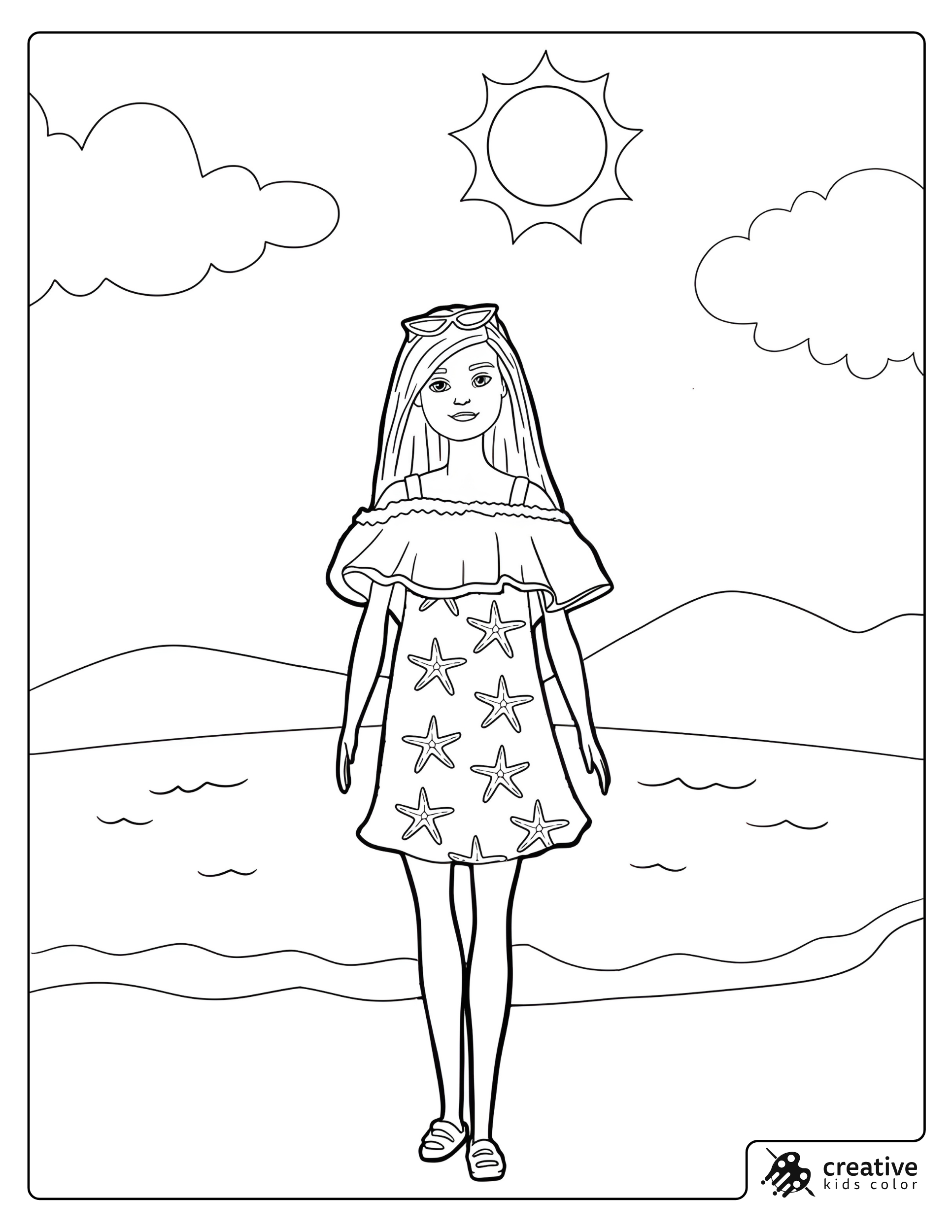 Summer Barbie Coloring Page With Barbie Standing By The Beach Under A Sun And Clouds.