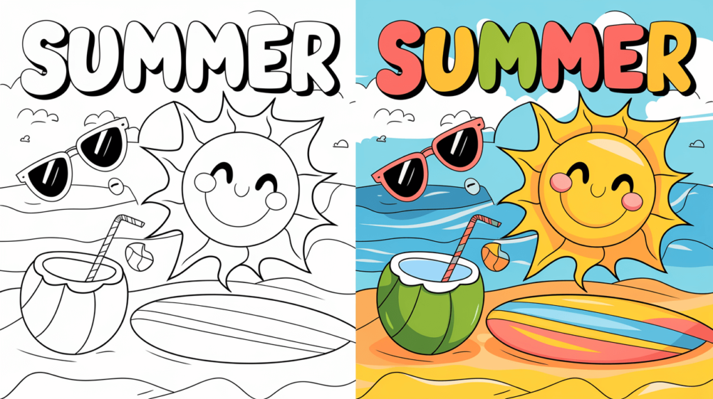 Summer Coloring Page Cover, Left Side Black And White, Right Side Colored In A Fun, Nature-Filled Scene.